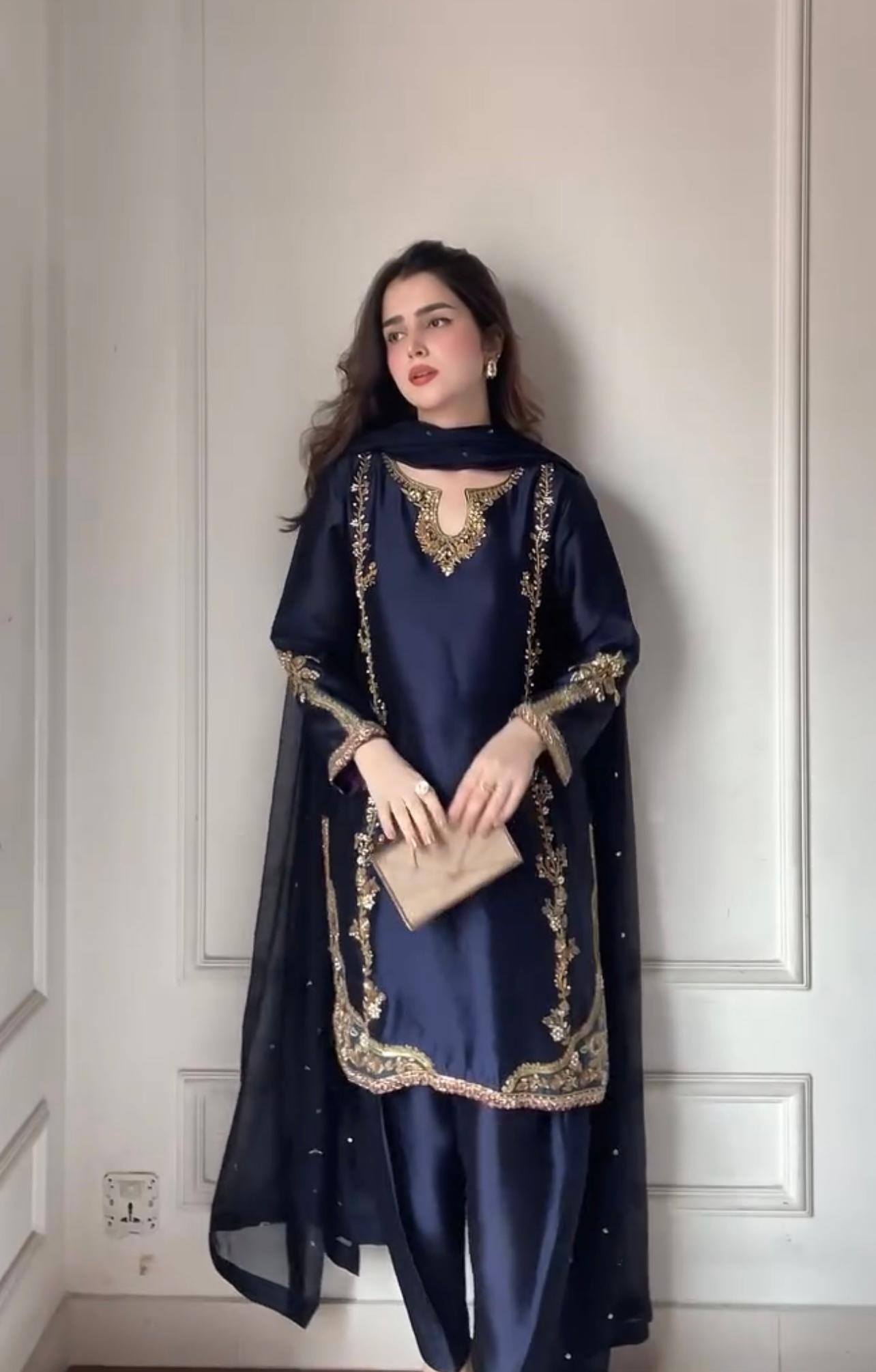 Embroidery Work Navy Blue Color Straight Salwar Suit