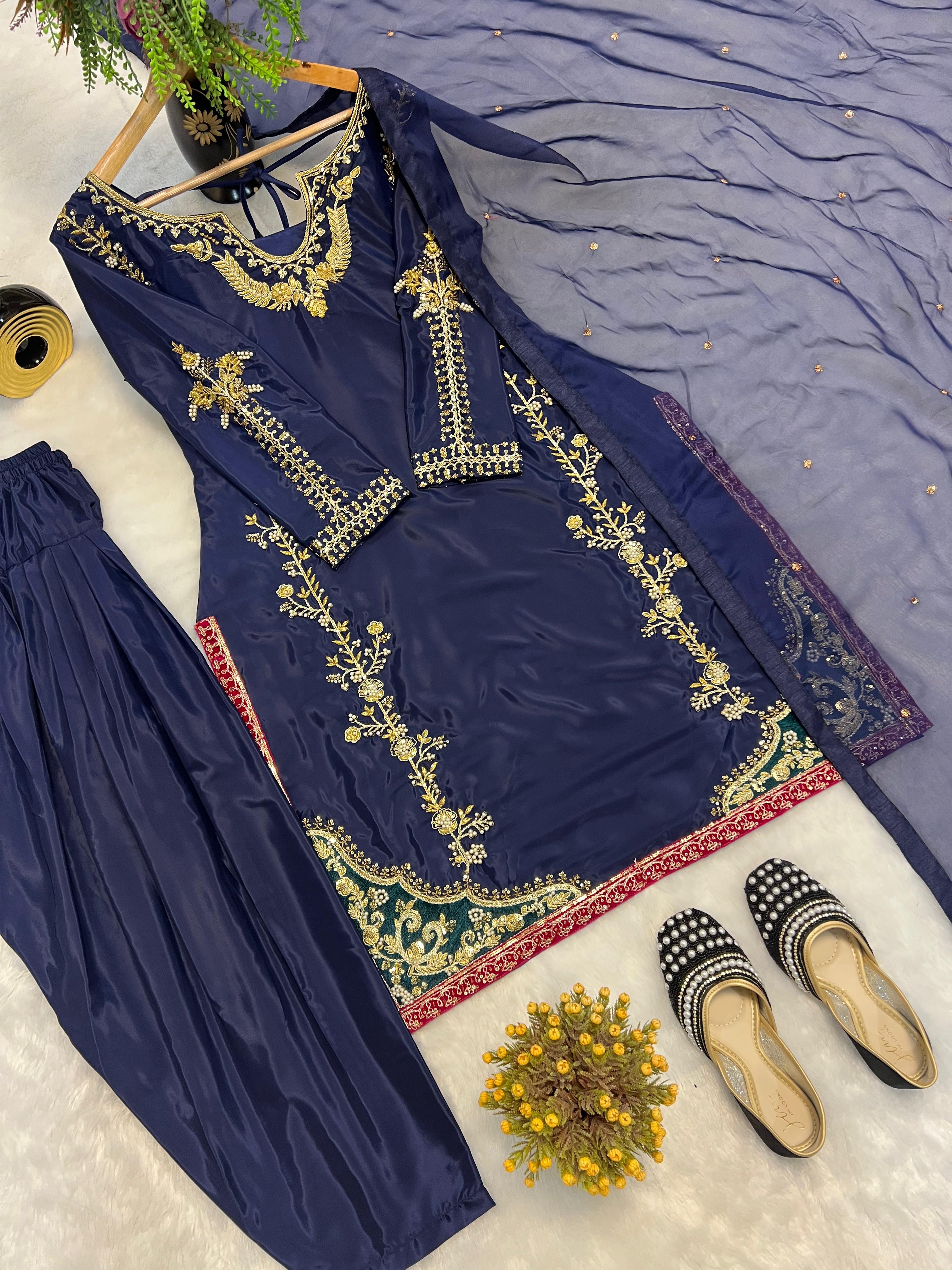 Embroidery Work Navy Blue Color Straight Salwar Suit