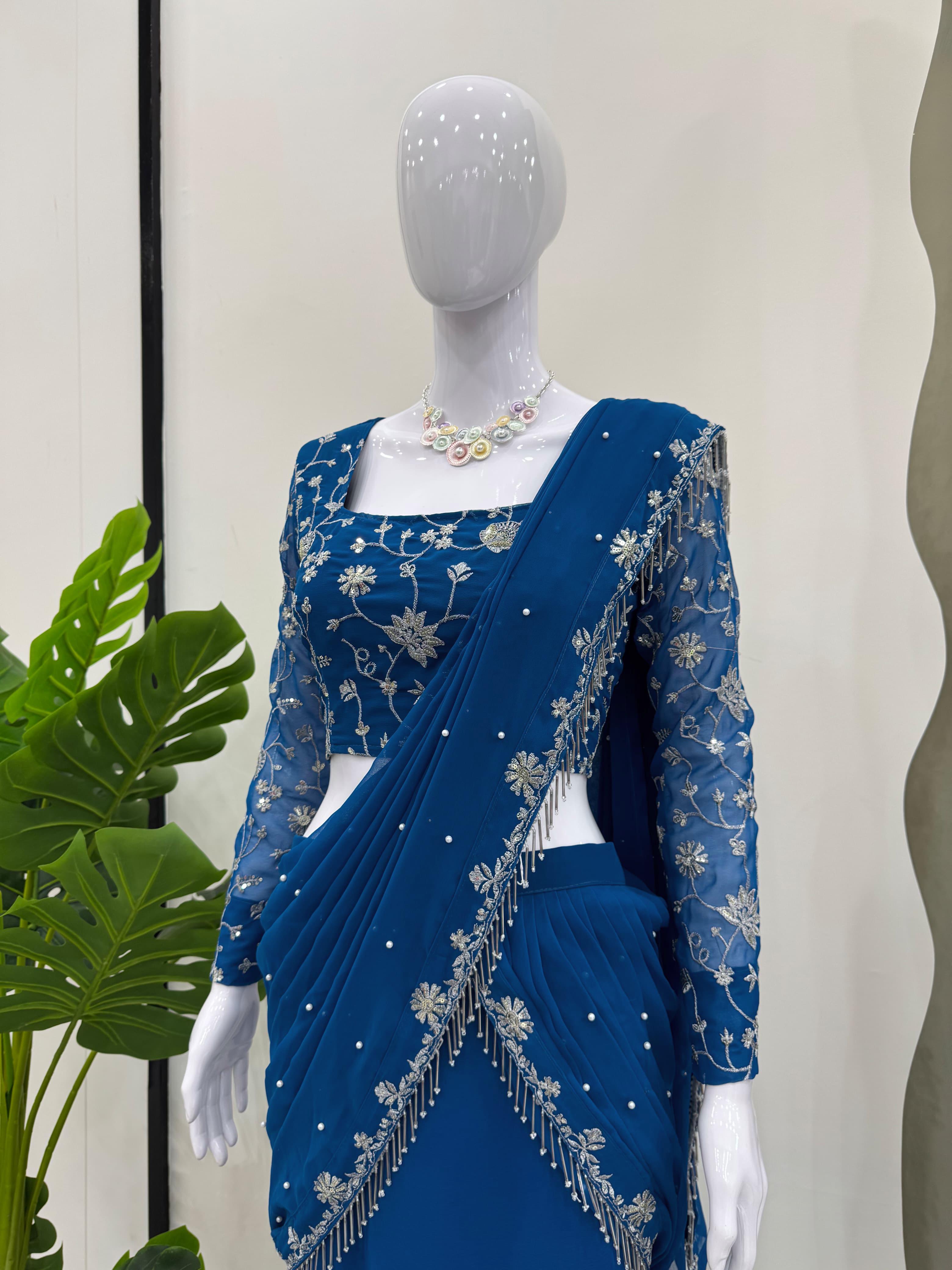 Look Designer Blue Color Sequence Work Lehenga Saree