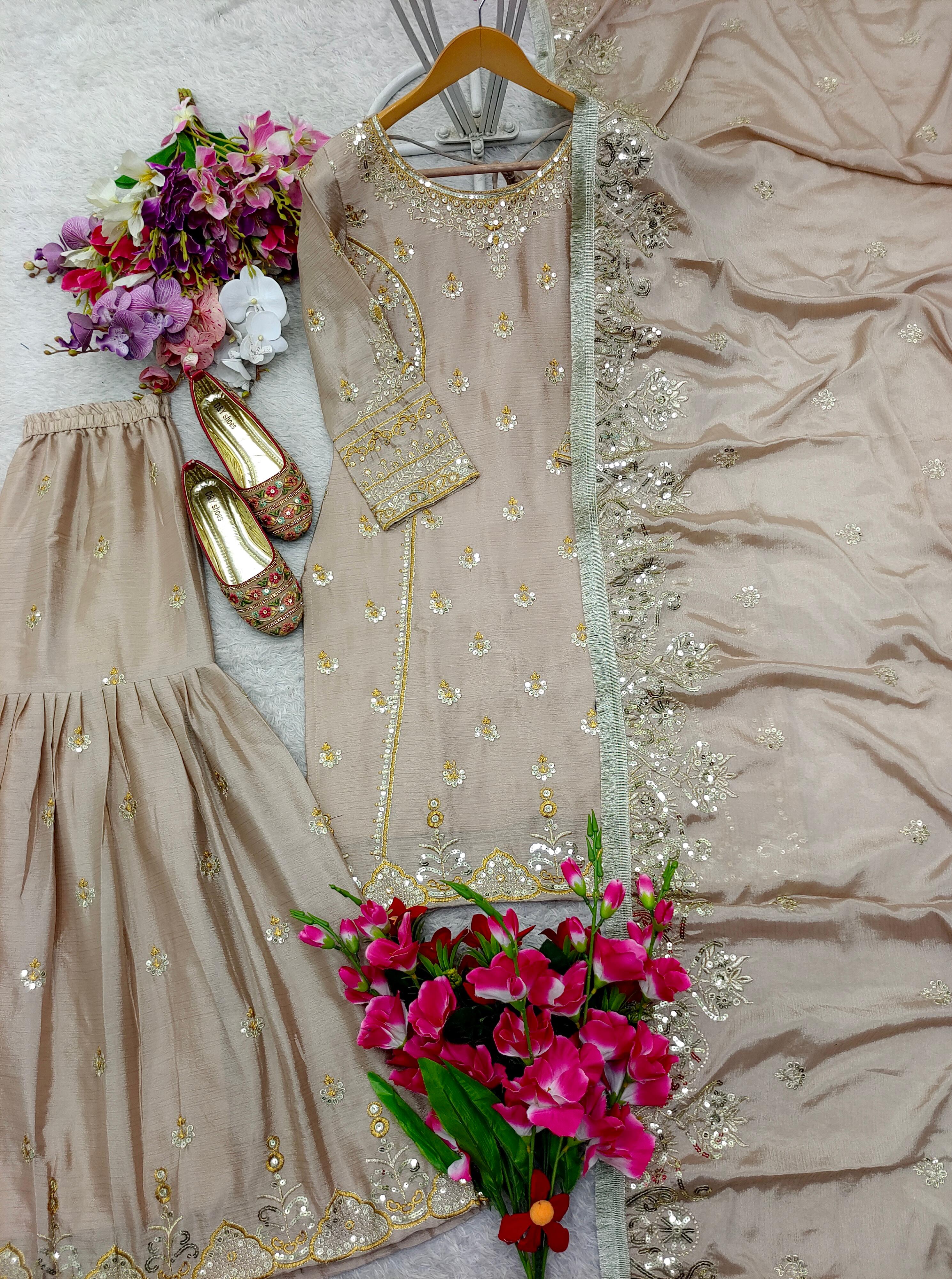 Beige Color Embroidery Work Alluring Sharara Suit