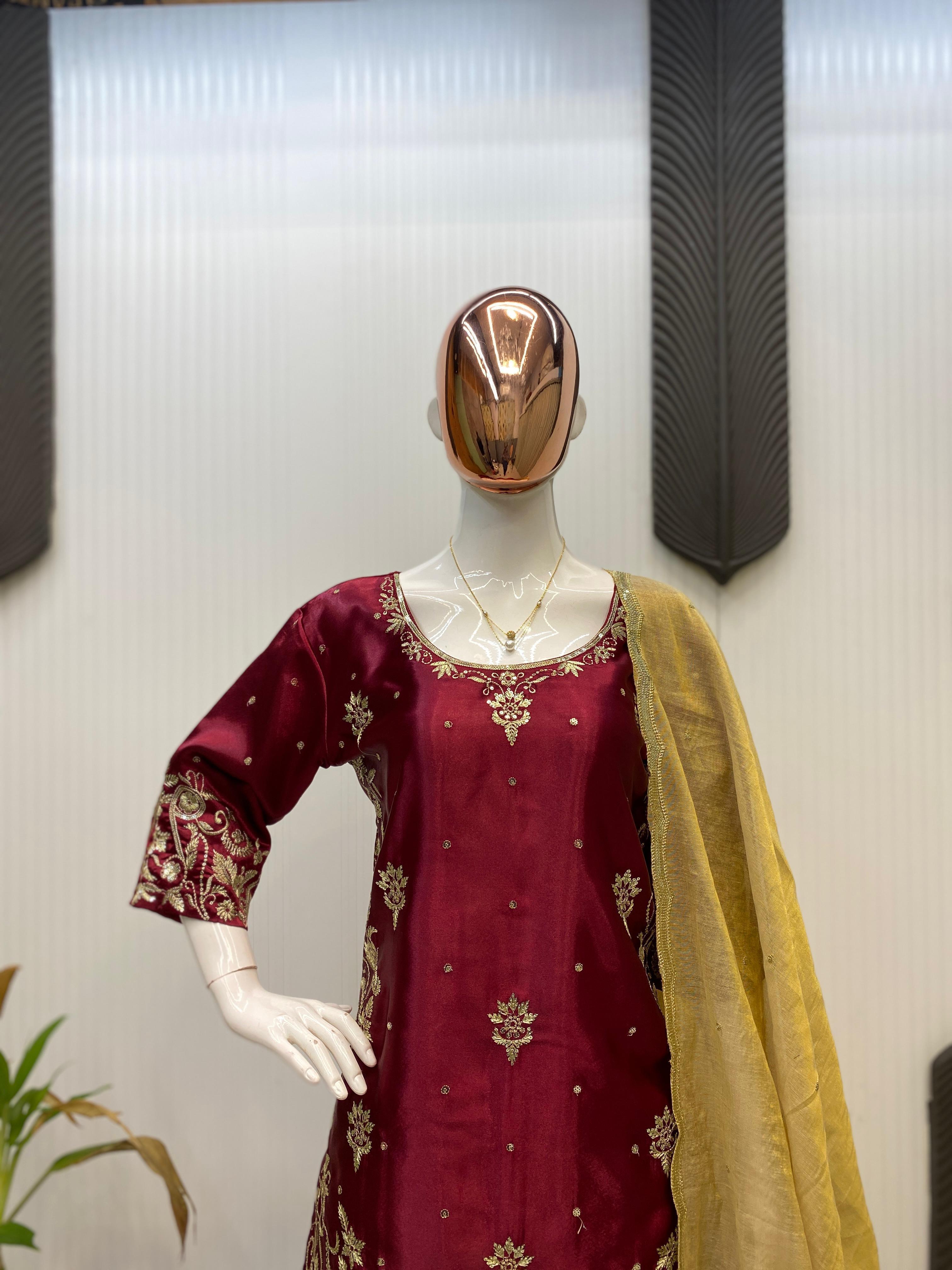 Stylish Maroon Satin Sequence Work Salwar Suit