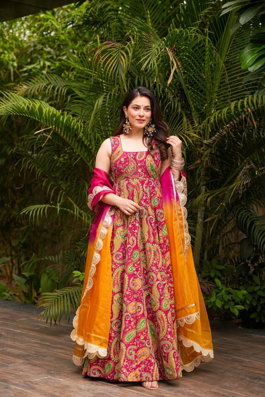 Organza Printed Pink Color Huge Flair Gown