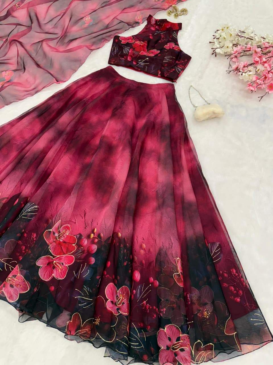 Admiring Pink Color Digital Printed Organza Work Lehenga