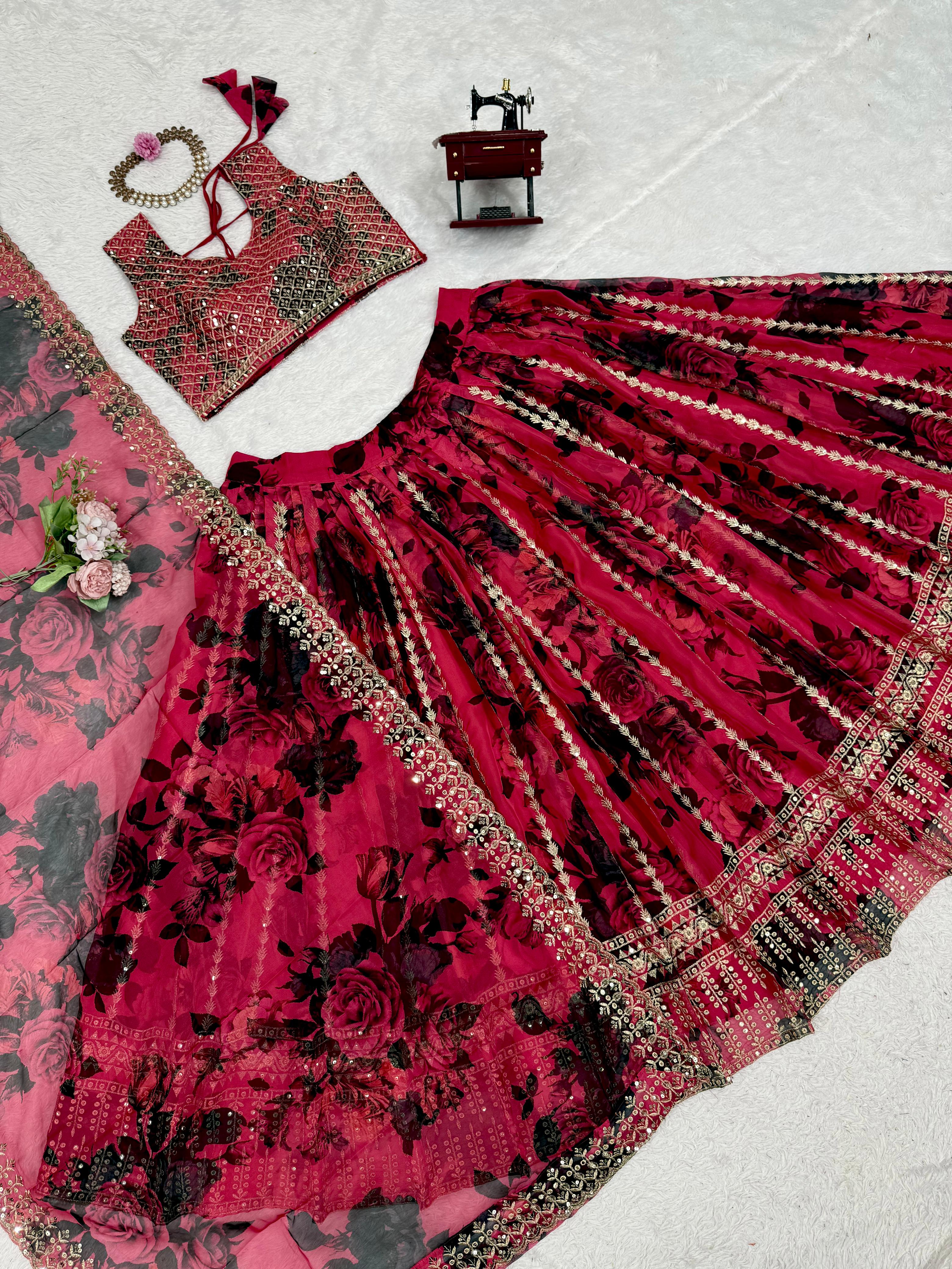 Red Color Flower Printed Organza Bridal Lehenga