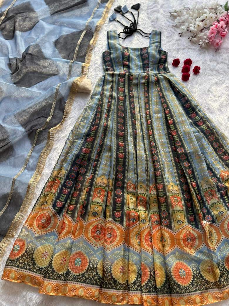 Awesome Multi Color Organza Digital Work Gown