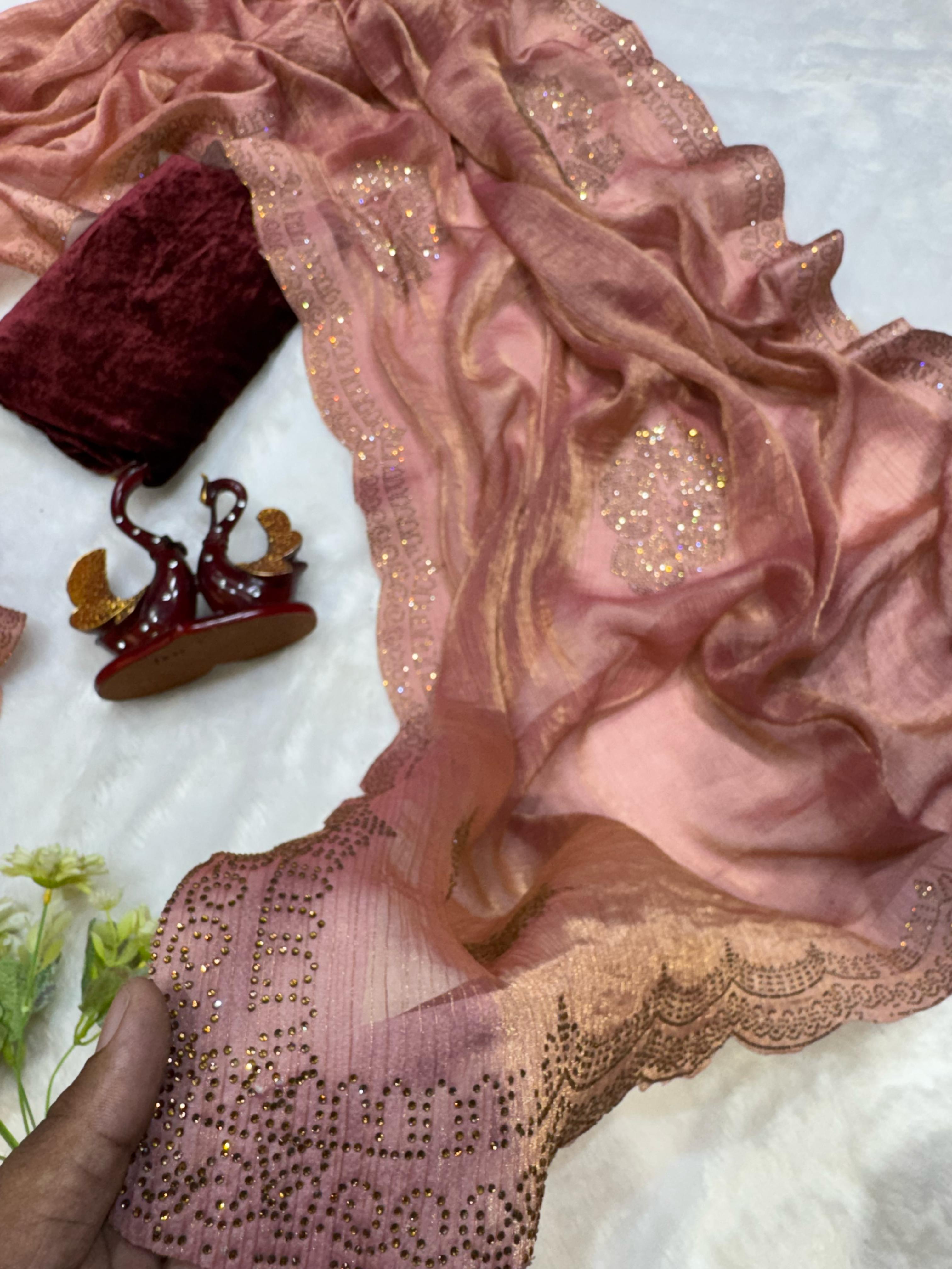 Ravishing Chiffon Silk Diamond Work Peach Color Saree