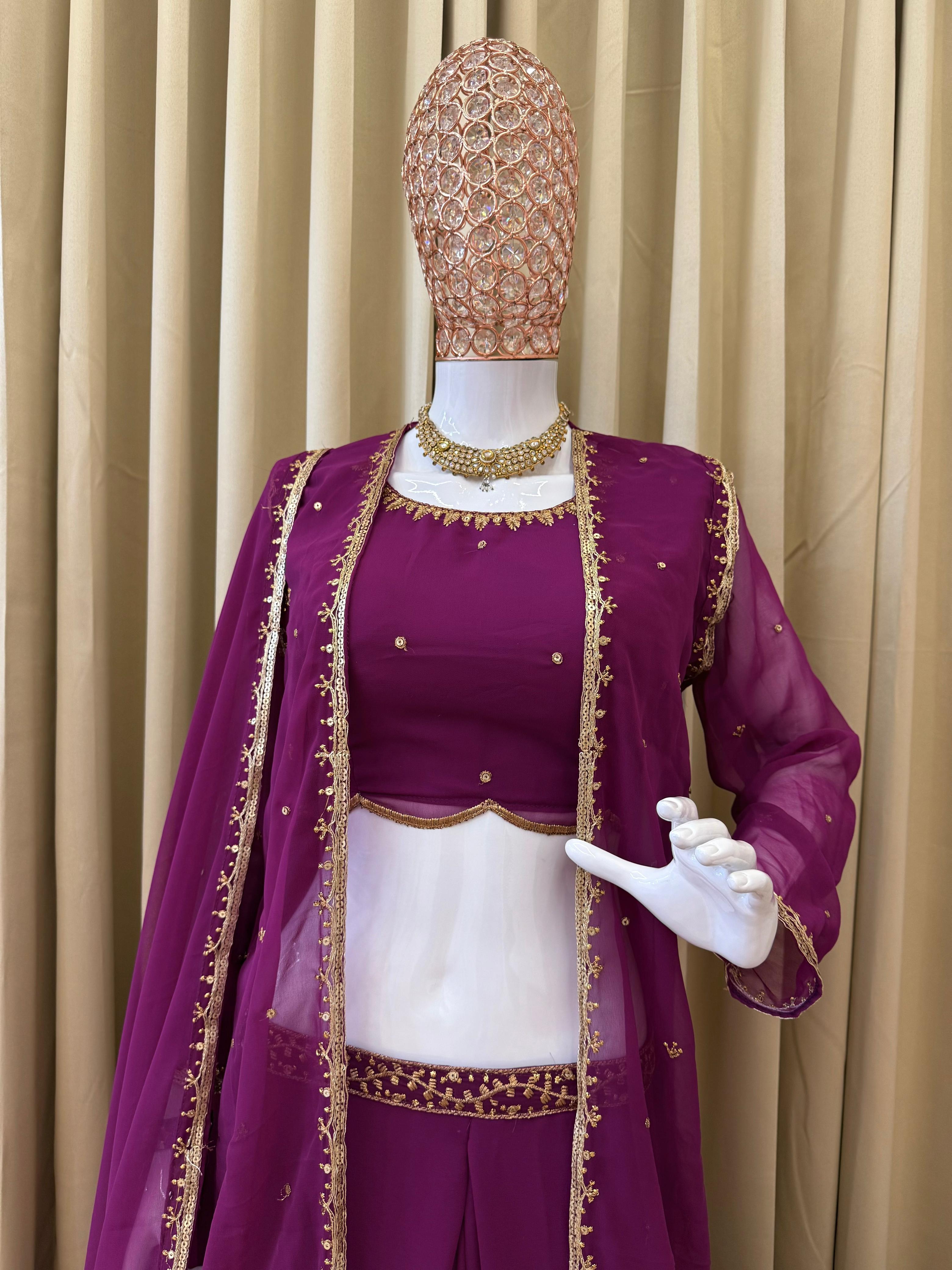 Awesome Purple Georgette Embroidery Lehenga Choli With Koti