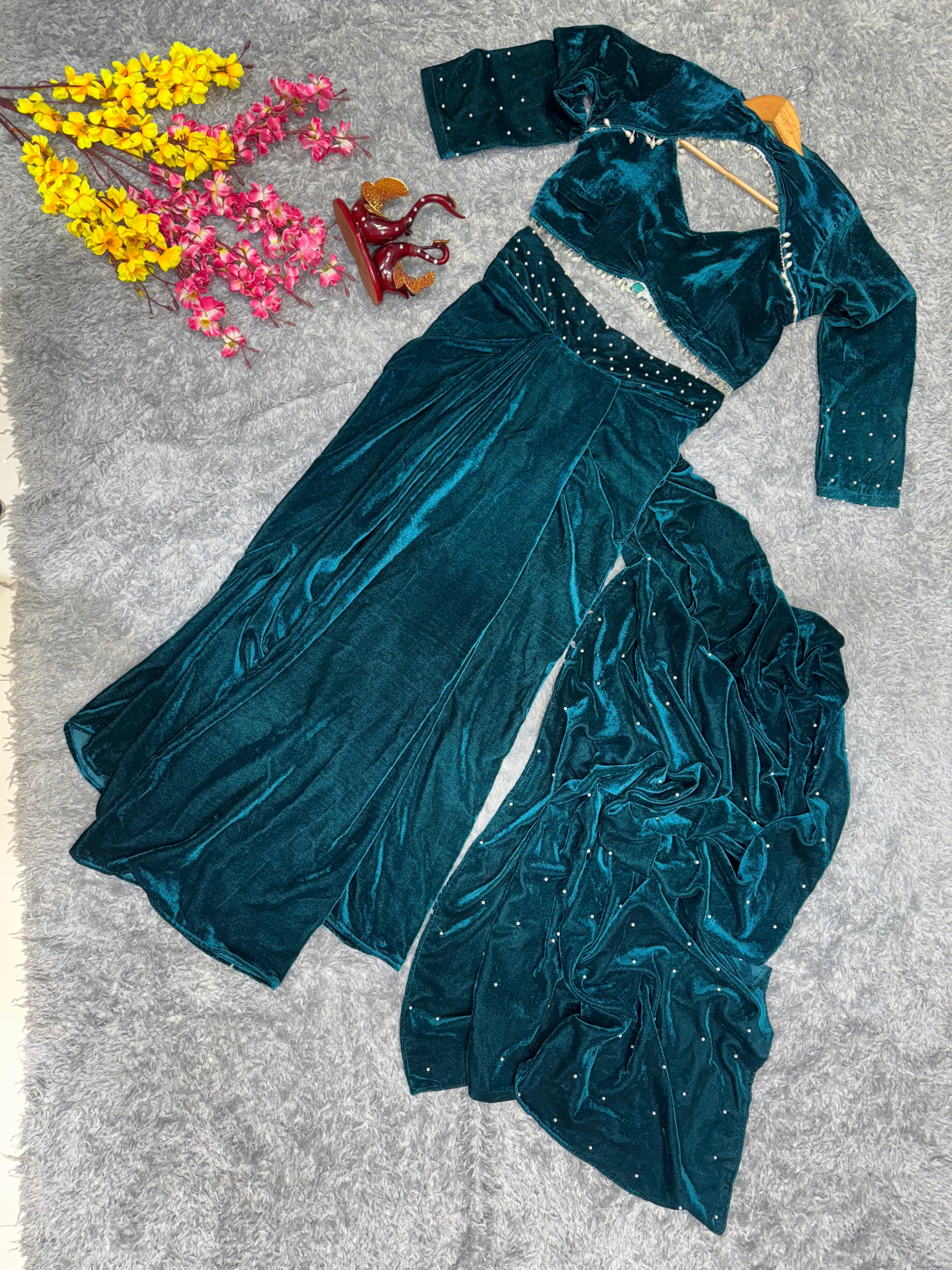 Flattering Viscous Velvet Teal Blue Color Skirt With Blouse