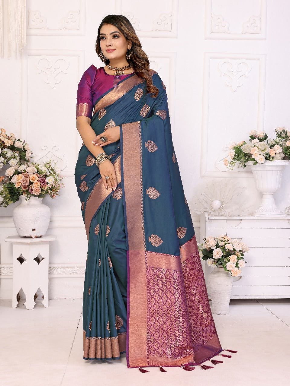 Graceful Soft Silk Teal Blue Color Saree