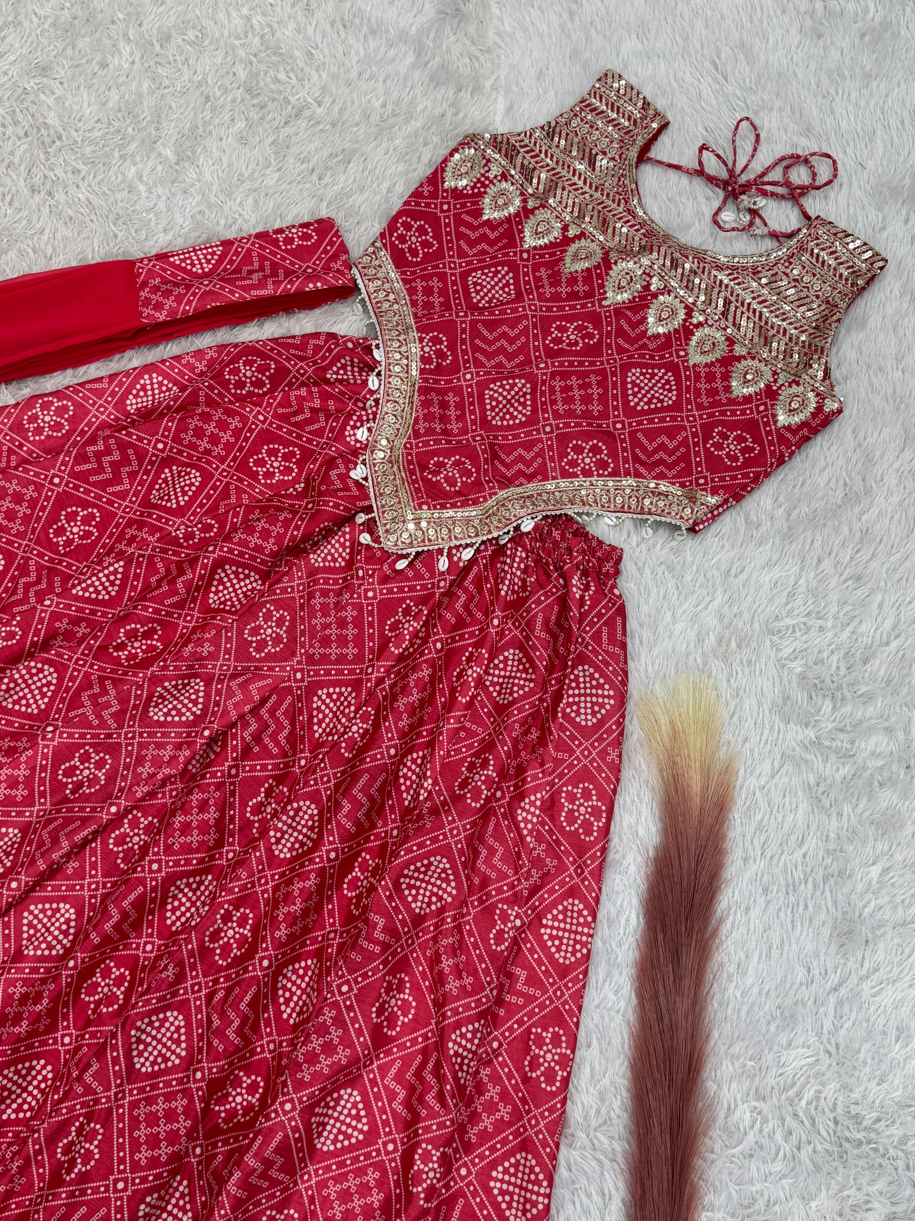 Function Wear Chinon Silk Red Color Sharara Suit