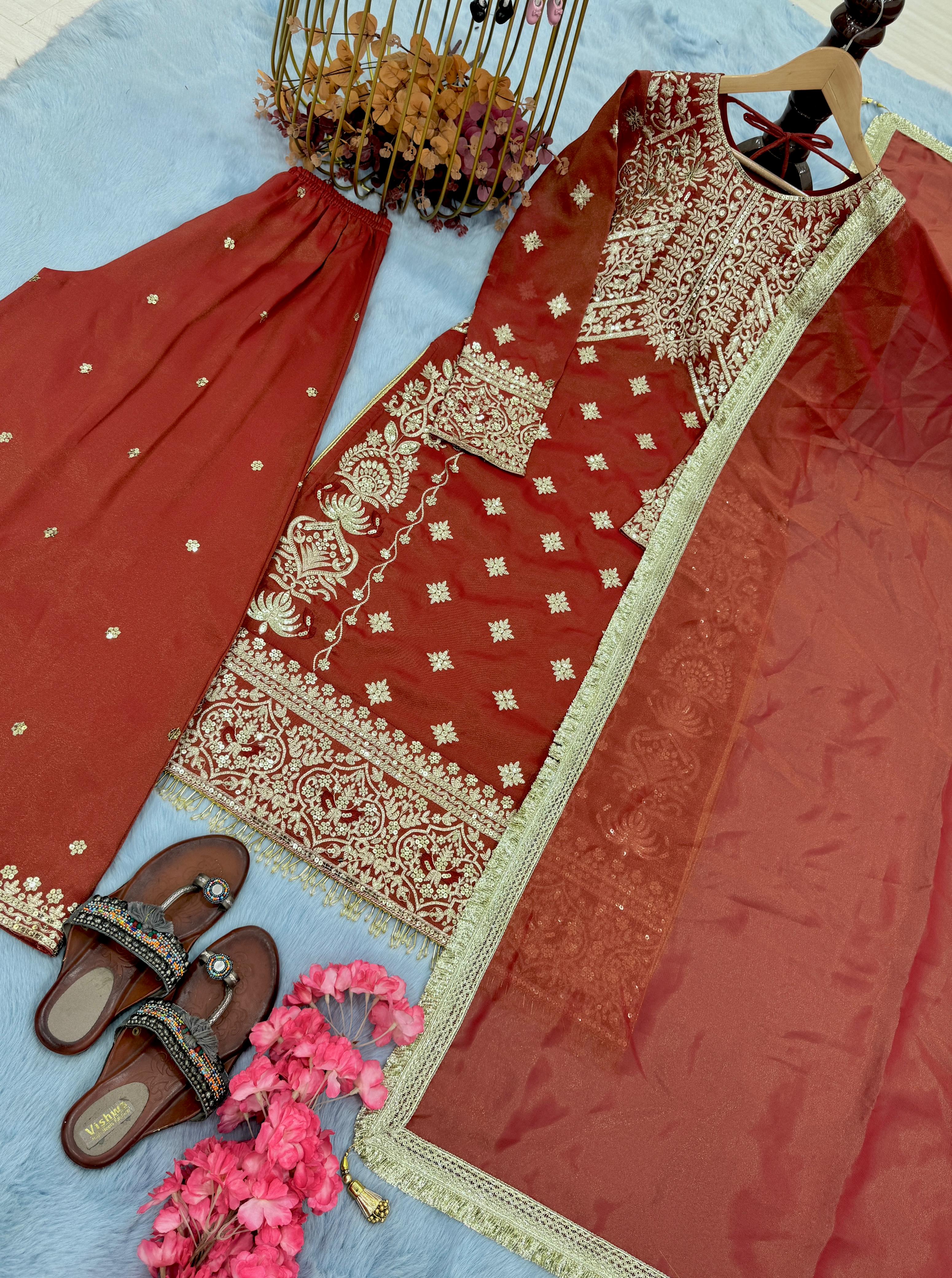 Lovely Banarasi Silk Sequence Work Orange Color Sharara Suit