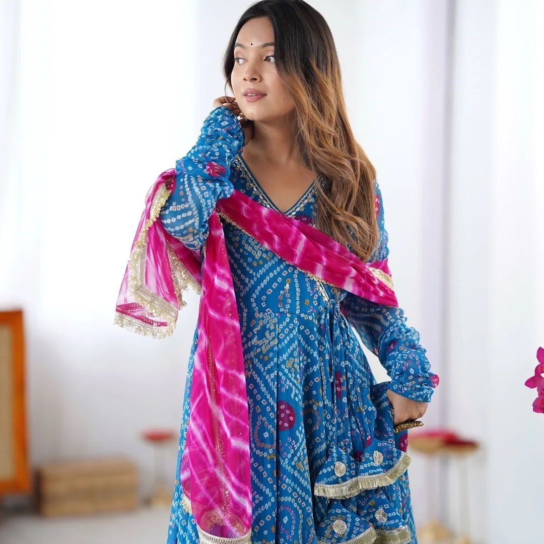 Admiring Blue Georgette Embroidery Work Gown