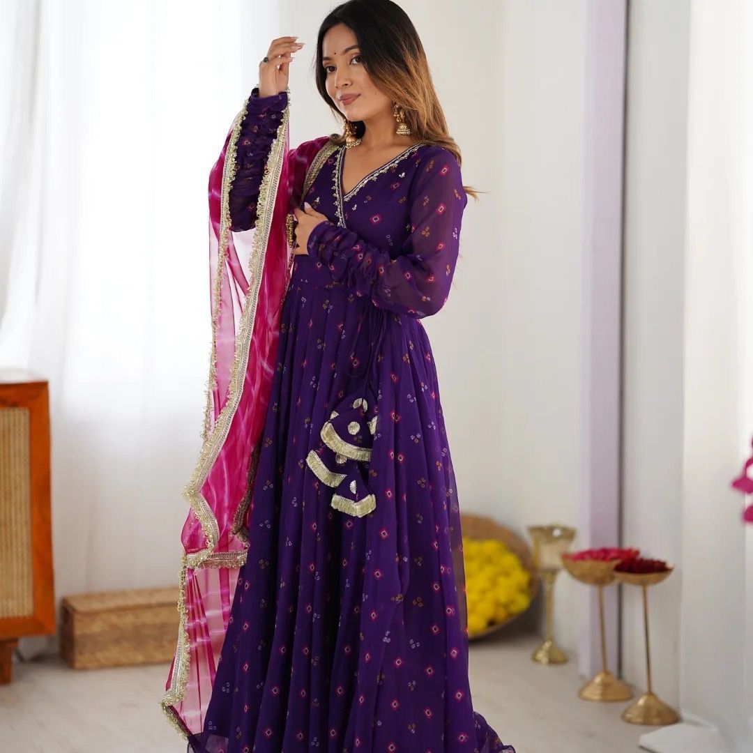 Admiring Blue Georgette Embroidery Work Gown