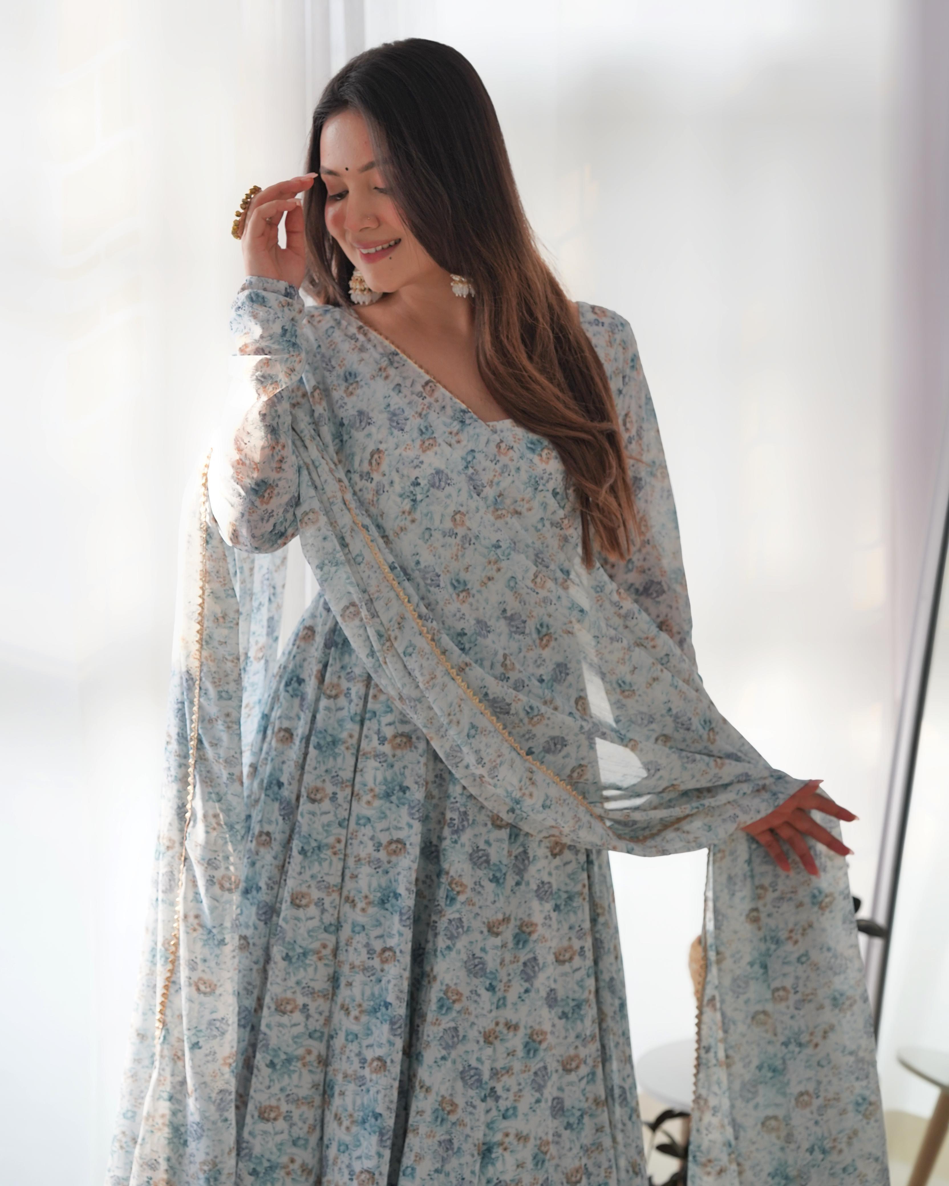 Trendy Orange Flower Print Sky Blue Color Anarkali Suit