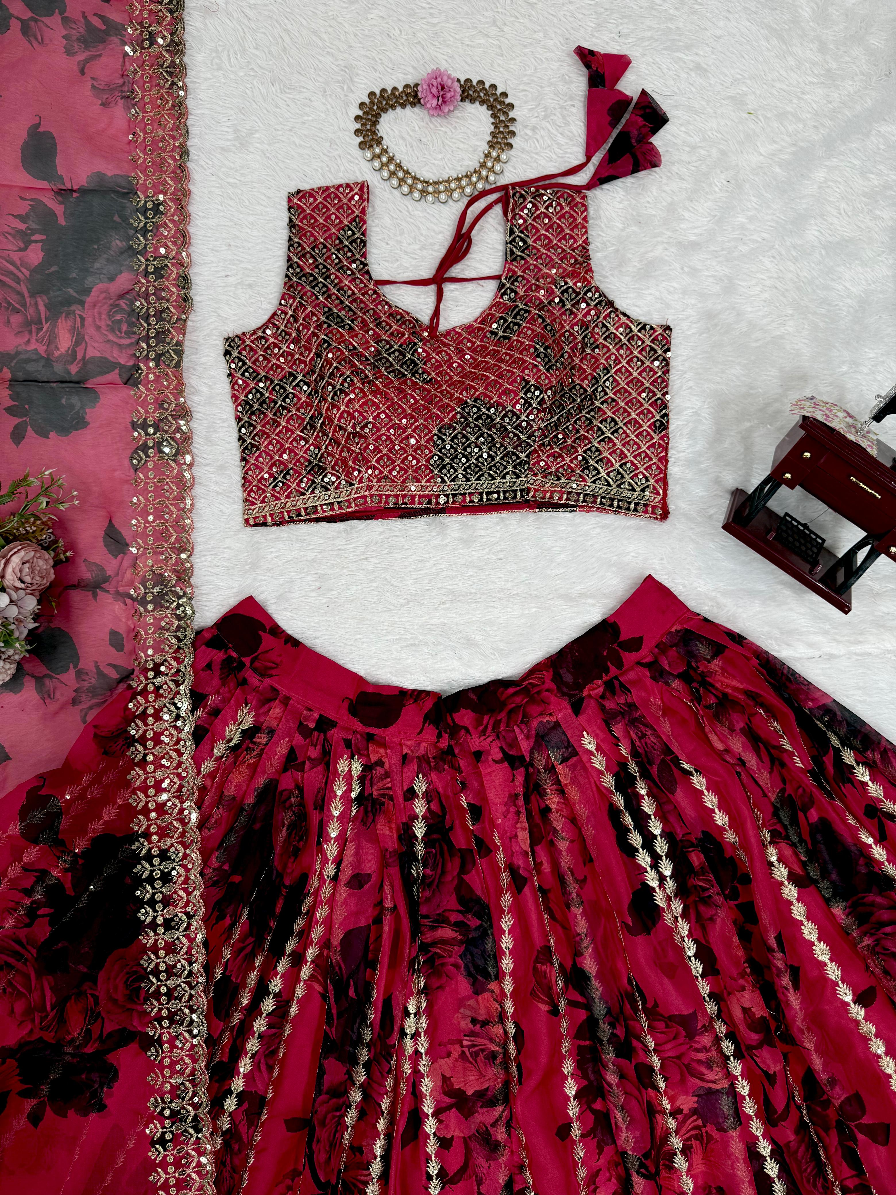 Red Color Flower Printed Organza Bridal Lehenga