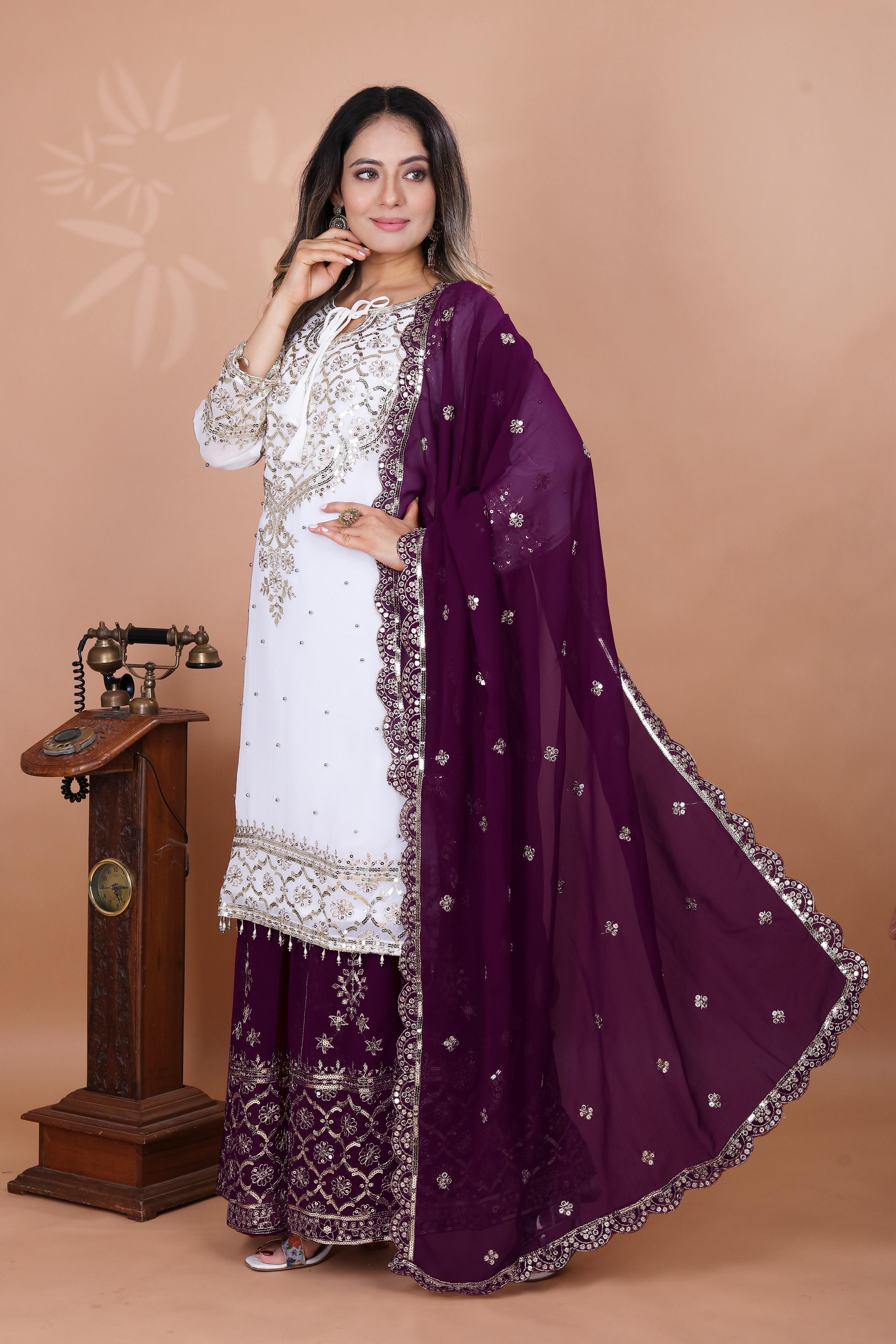Fabulous Heavy Work White Color Suit With Wine Sharara