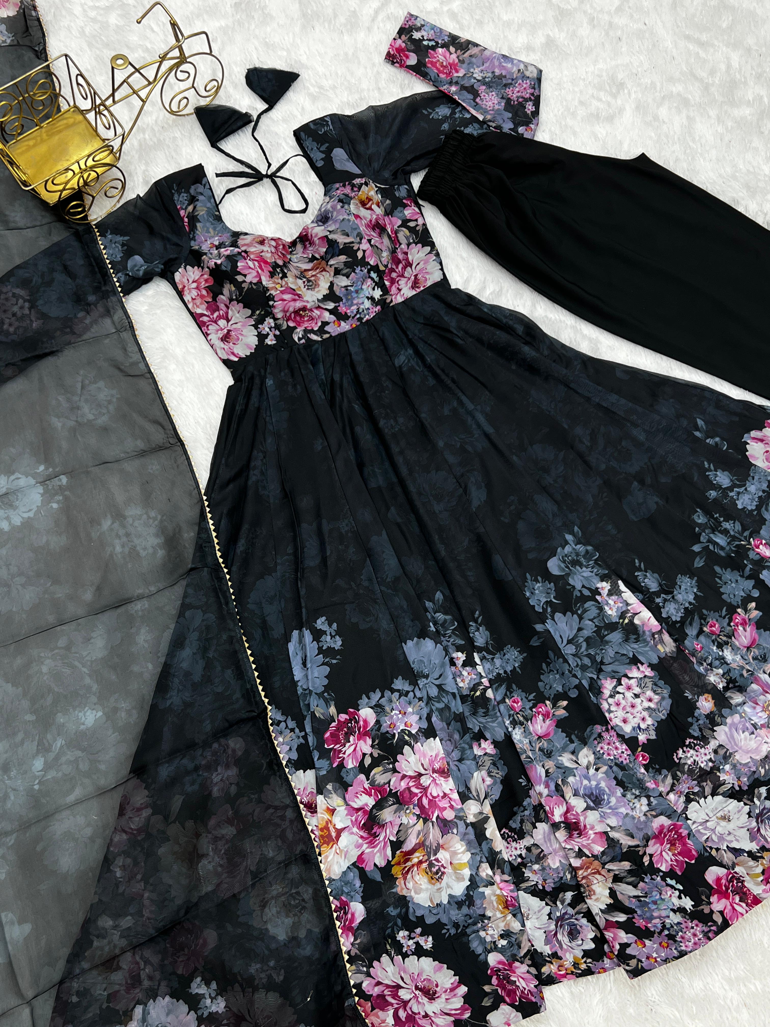 Casual Wear Multi Flower Print Black Color Anarkali Suit