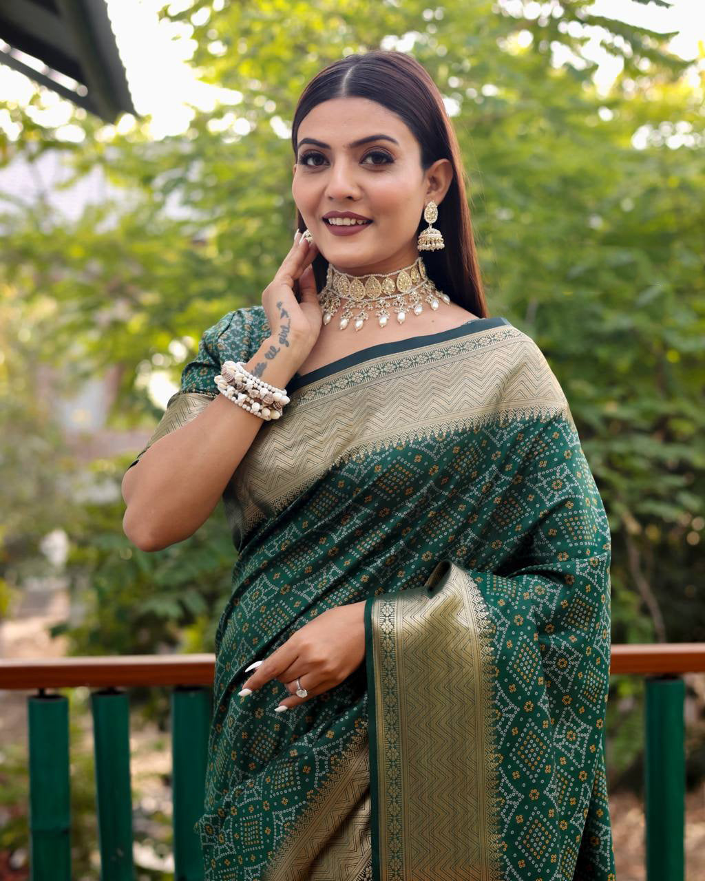 Green Color Bandini Patola Design Saree