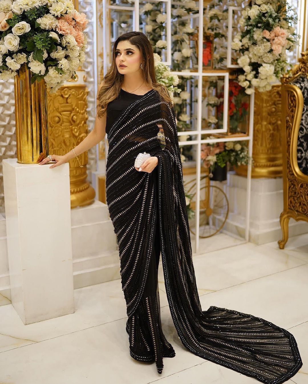 Dazzling Sequence Work Black Color Saree