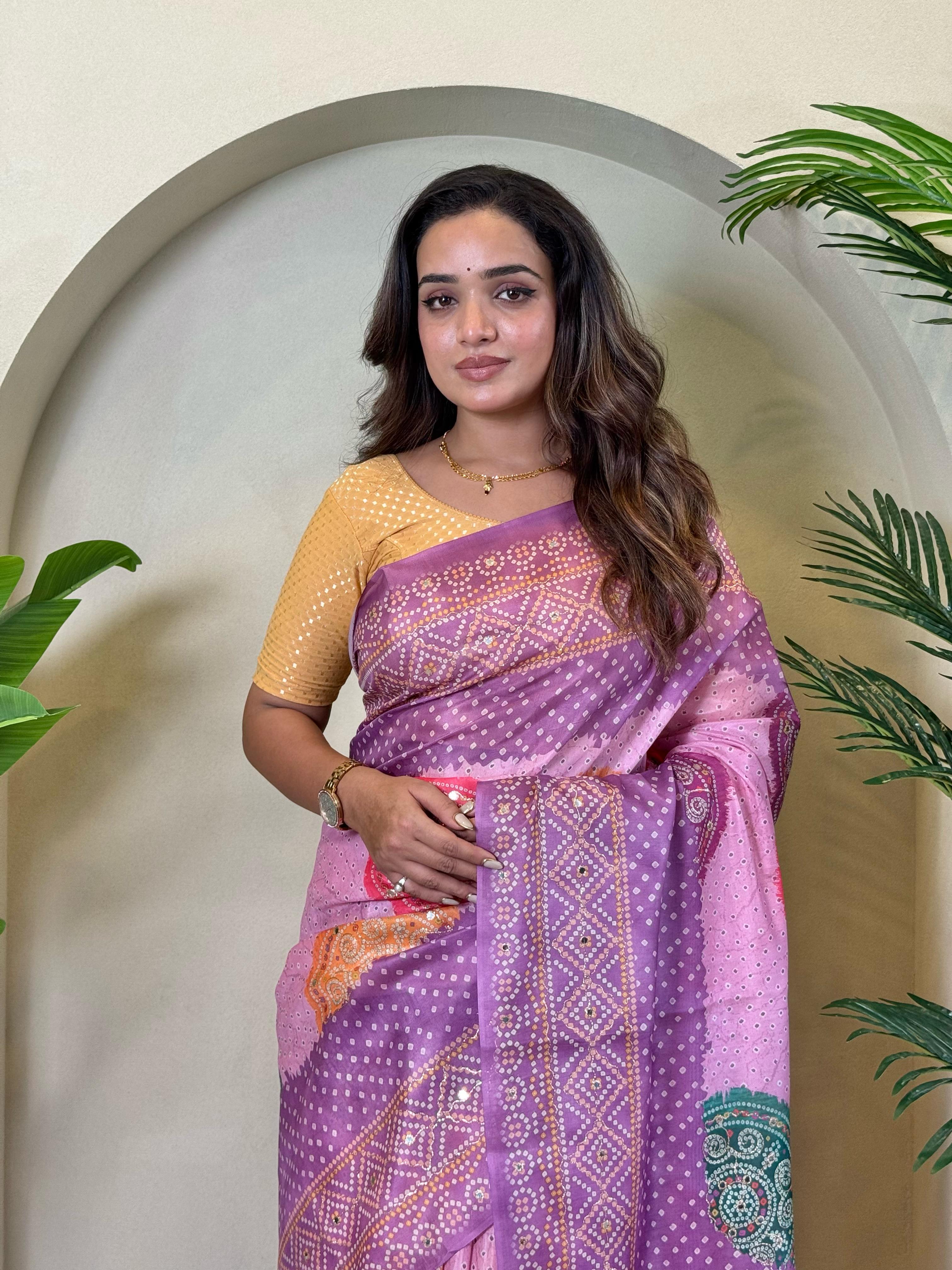 Multi Design Bandhani Print Lavender Color Exclusive Saree