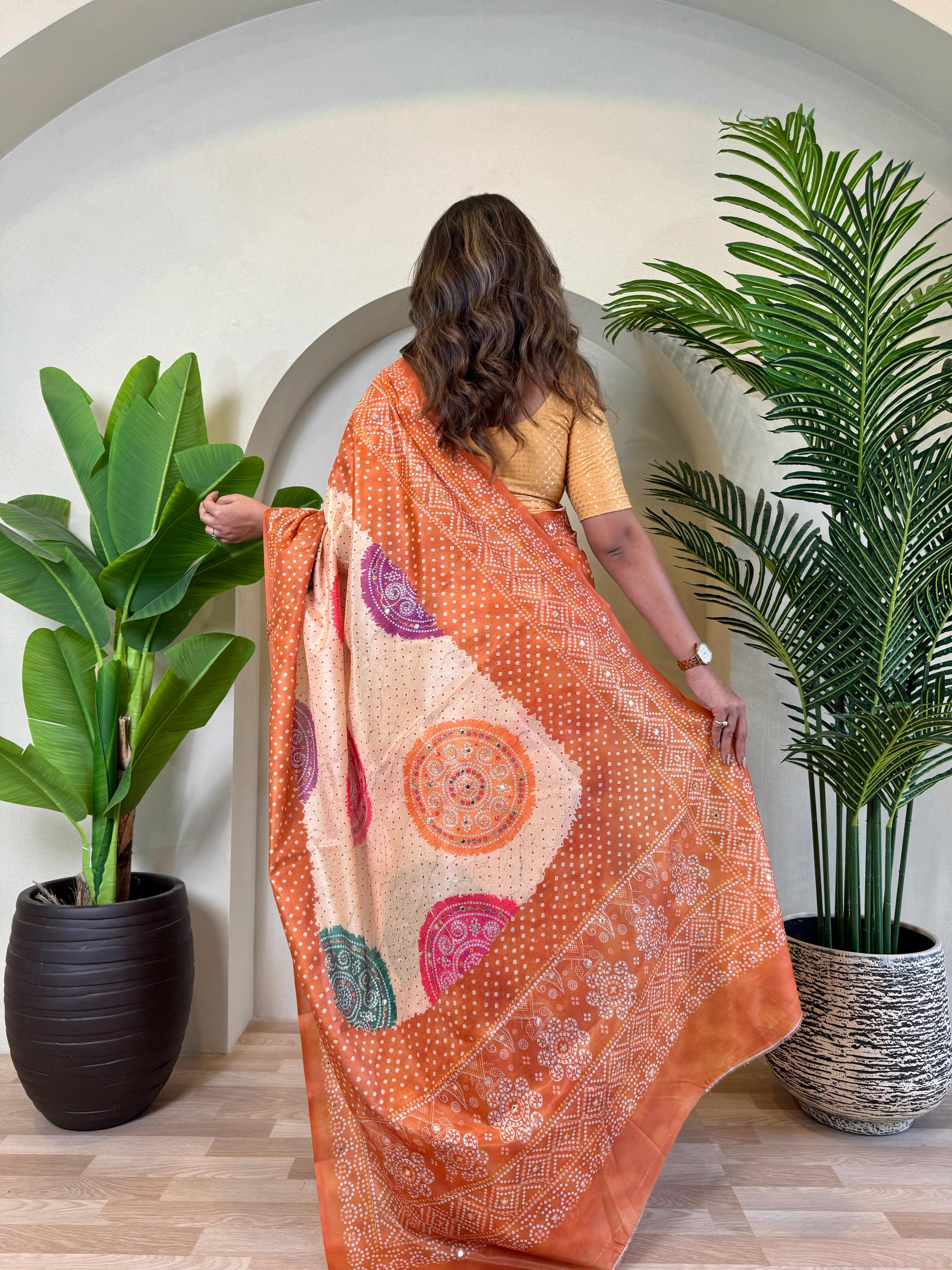 Multi Design Bandhani Print Orange Color Exclusive Saree