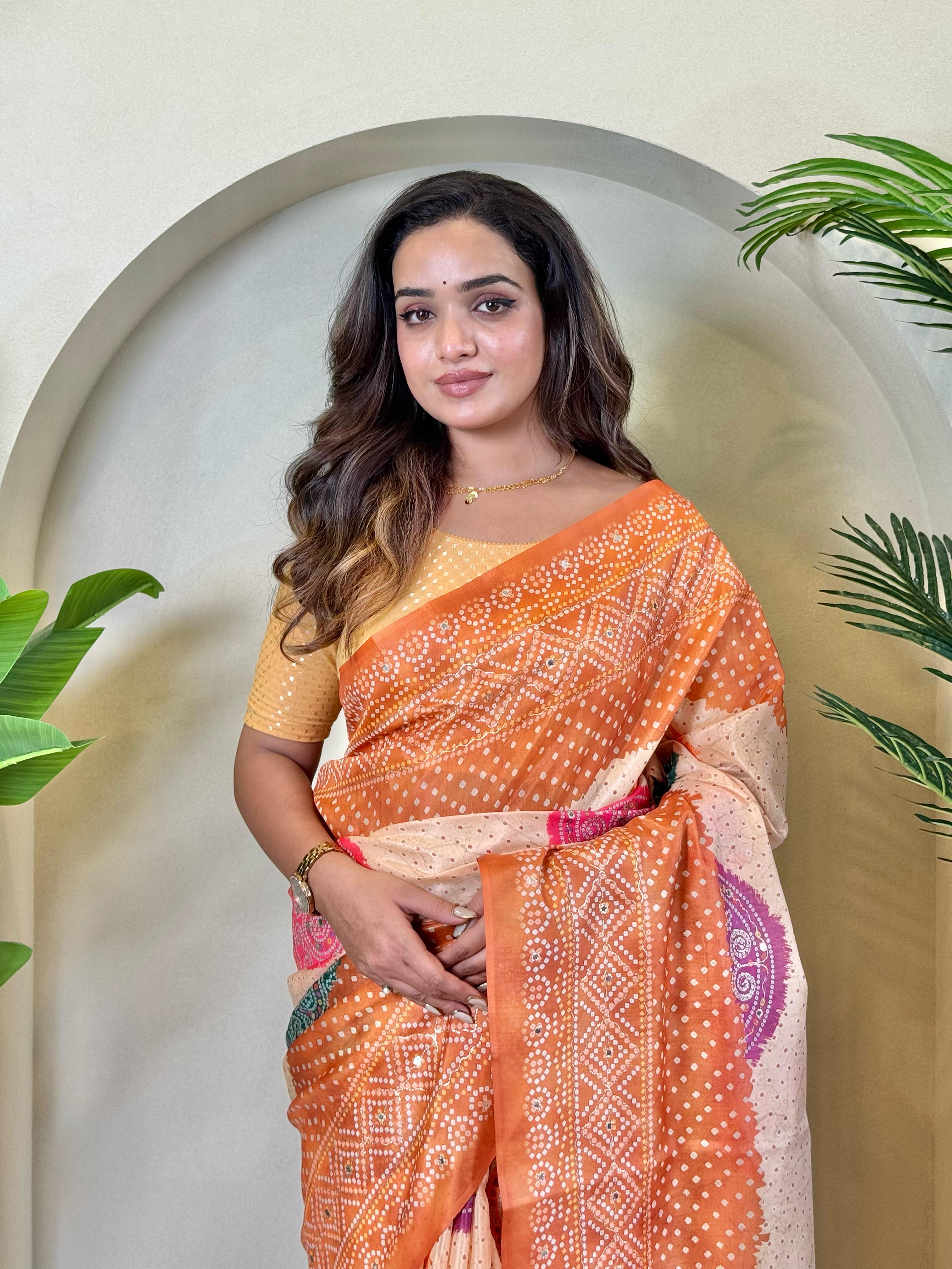 Multi Design Bandhani Print Orange Color Exclusive Saree