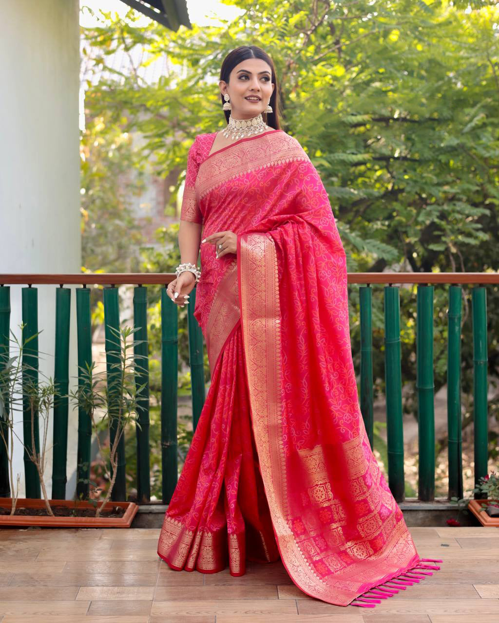 Bandhej Designed Zari Patola Weaving Pink Saree