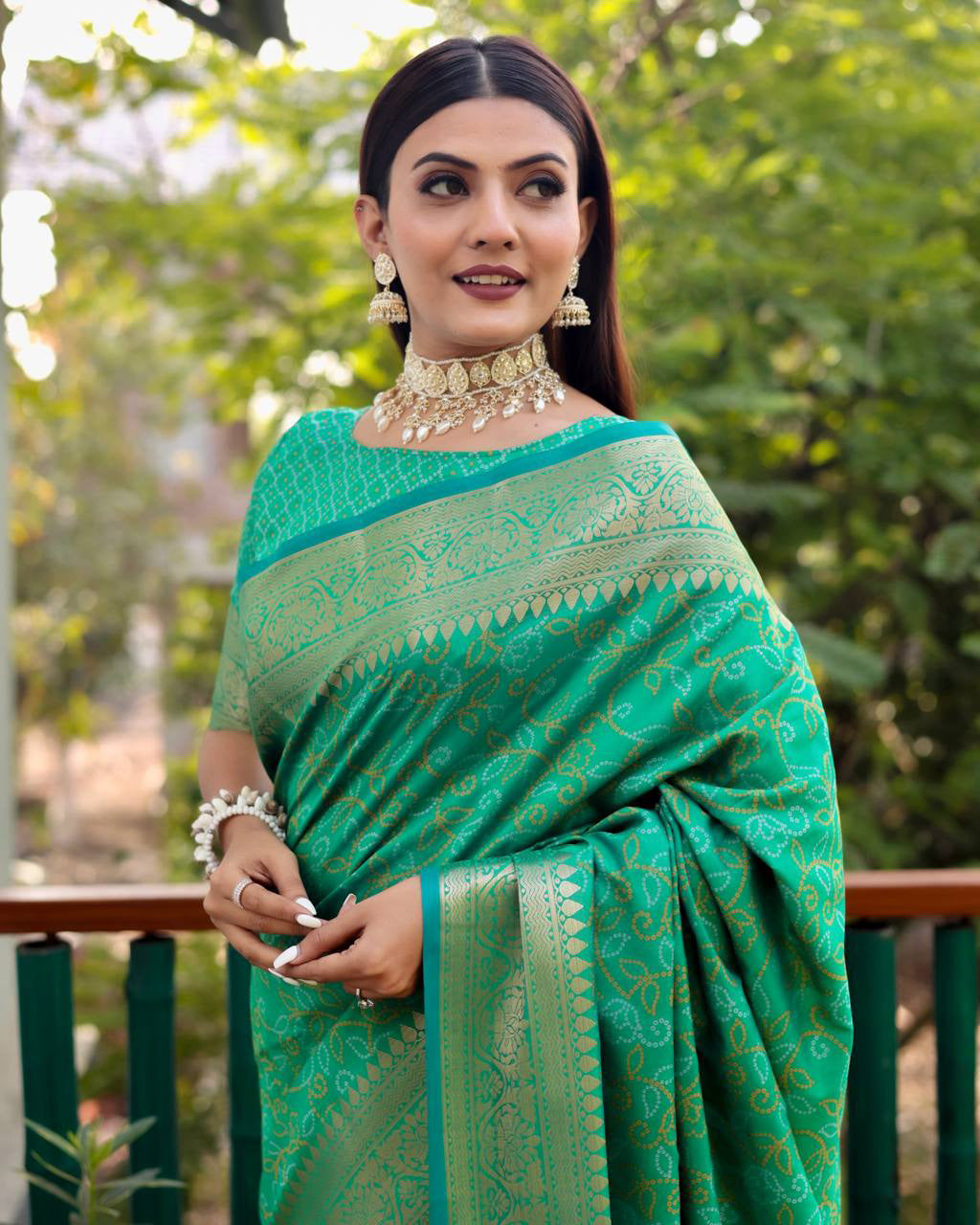 Bandhej Designed Zari Patola Weaving Parrot Green Saree