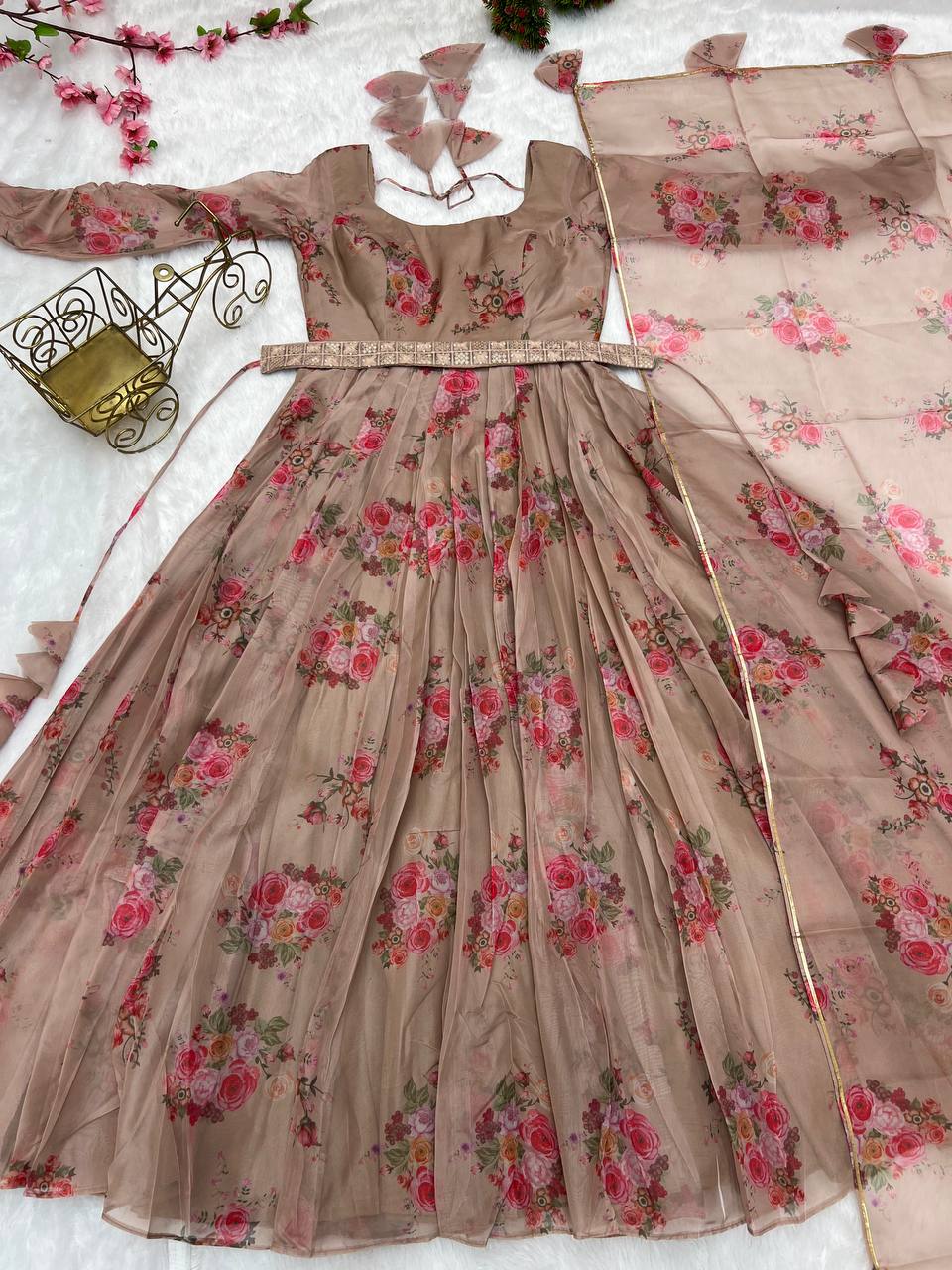 Fantastic Beige Color Anarkali Gown With Belt