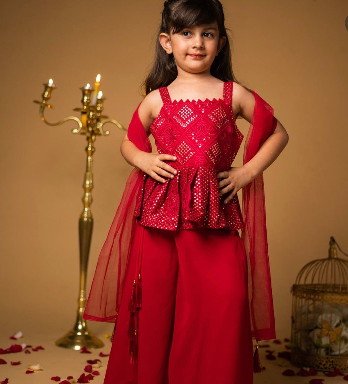 Festive Wear Red Color Girls Palazzo With Top