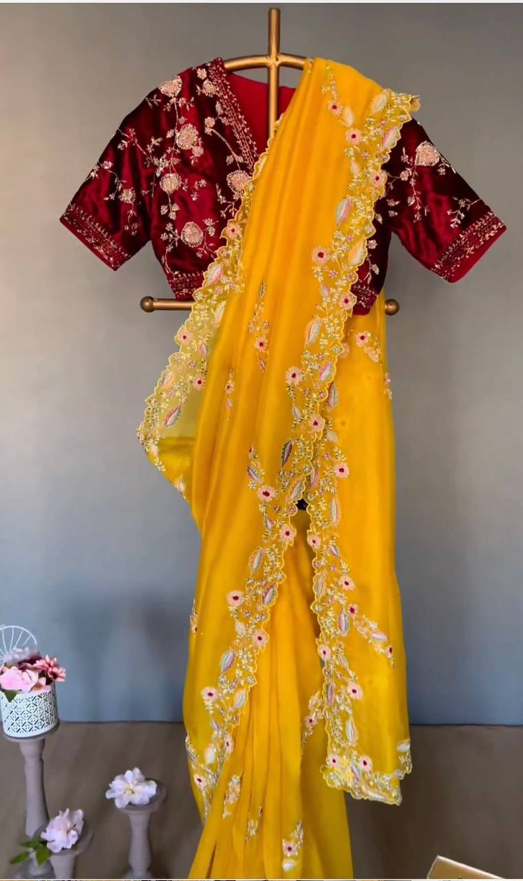 Function Wear Yellow Color Embroidery Thread Work Saree