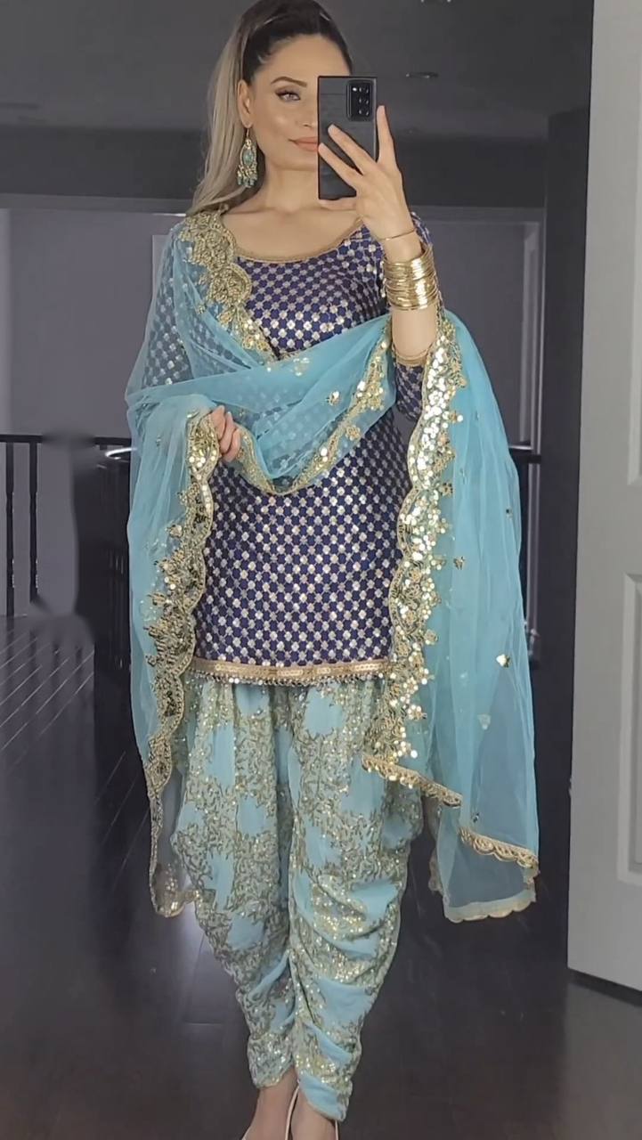 Alluring Navy And Sky Blue Sequence Work Panjabi Suit