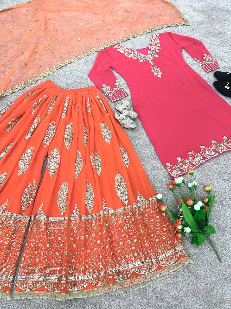 Pretty Sequence Work Orange And Pink Color Sharara Suit
