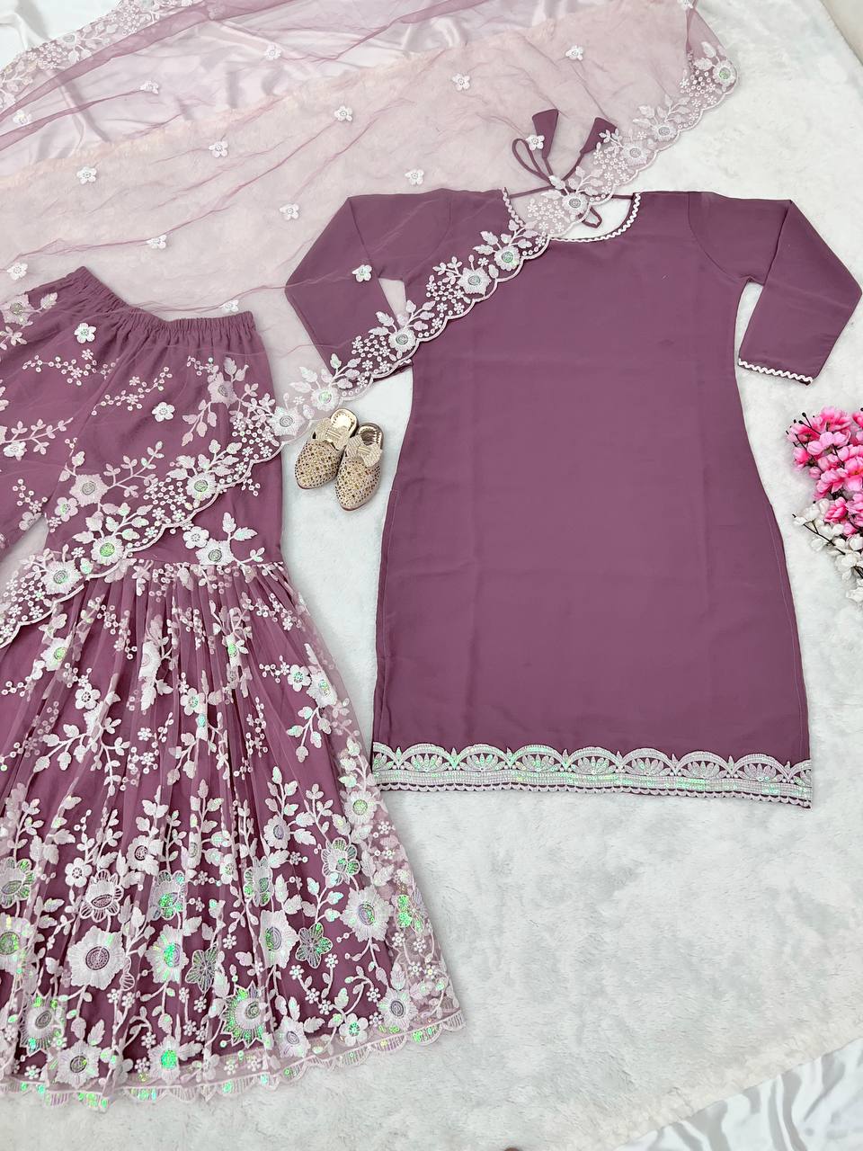 Exclusive Dusty Pink Sequence Embroidery Work Sharara Suit