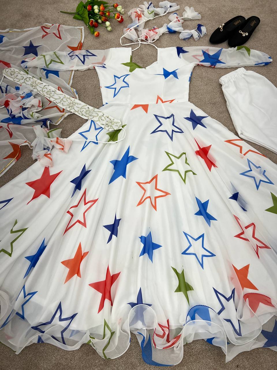 White Color Star Printed Party Wear Gown
