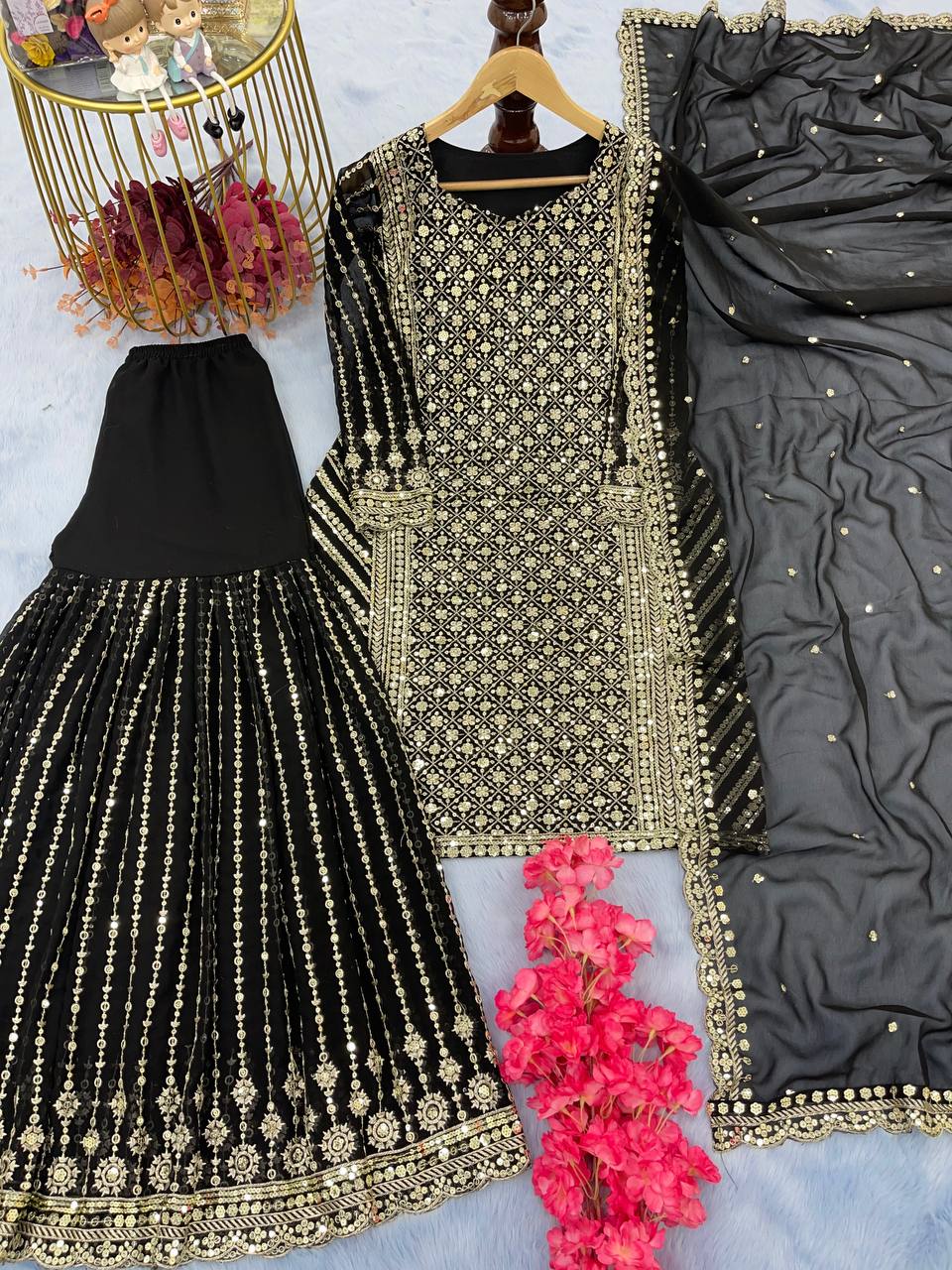 Black Color Embellished Sequence Sharara Suit
