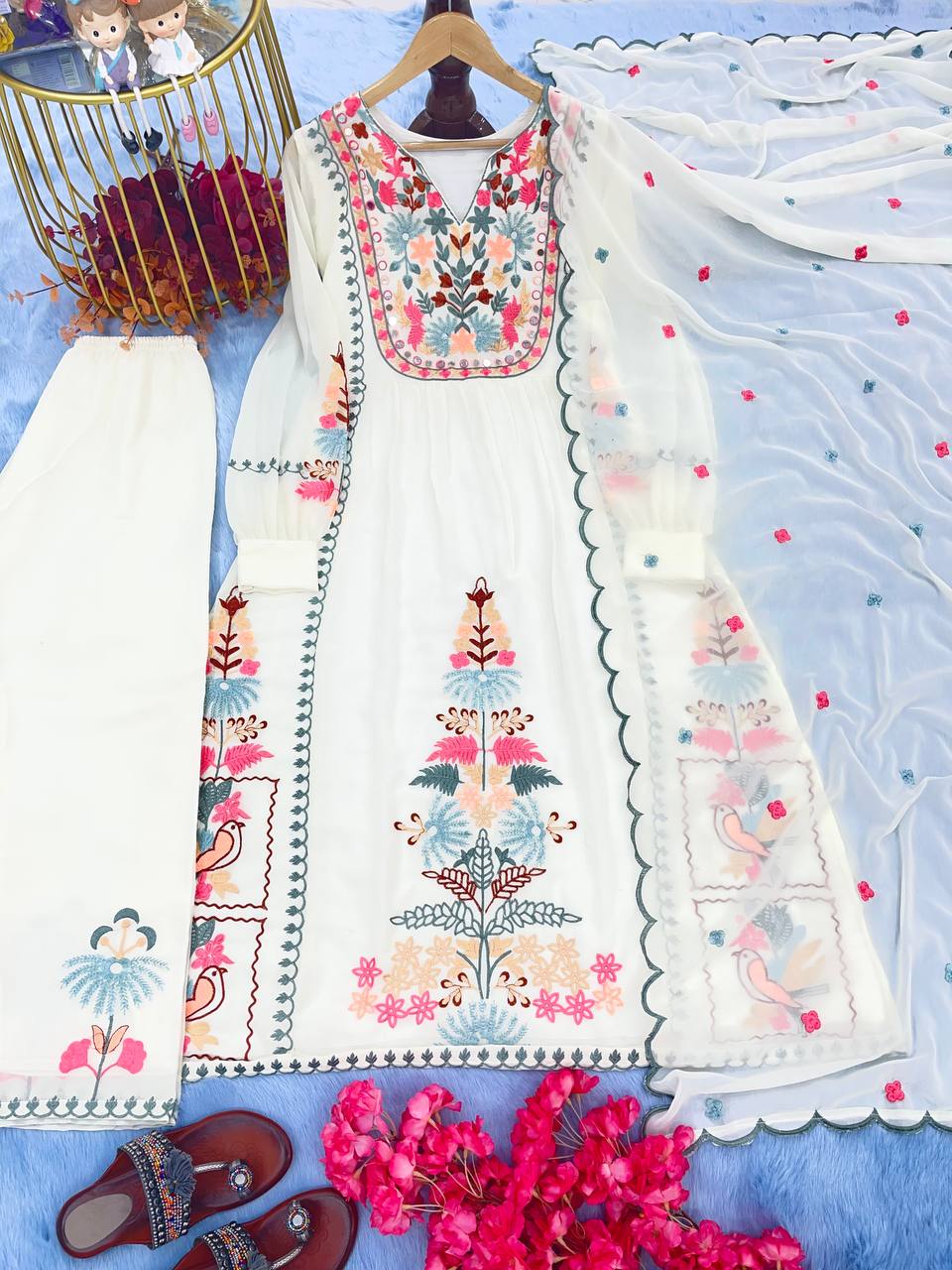 Summer White Color Embroidery Work Top With Palazzo Set