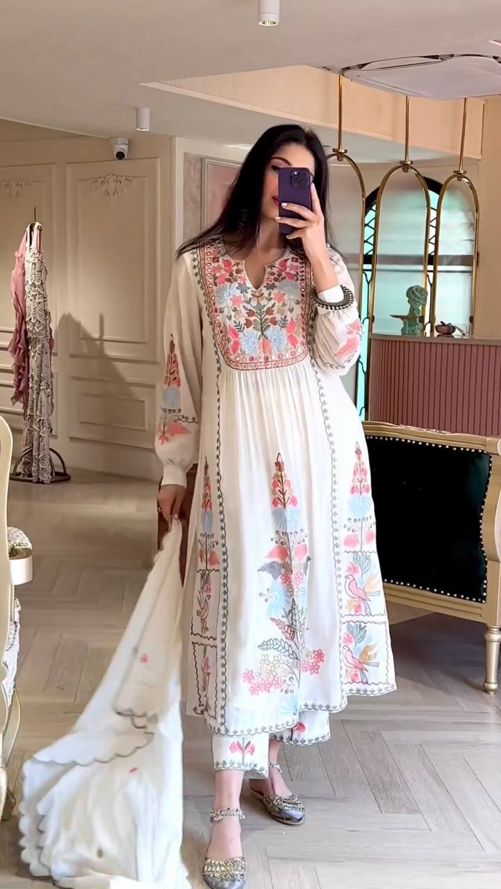 Summer White Color Embroidery Work Top With Palazzo Set