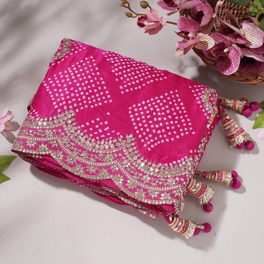 Digital Printed Pink Color Gota Patti Work Saree