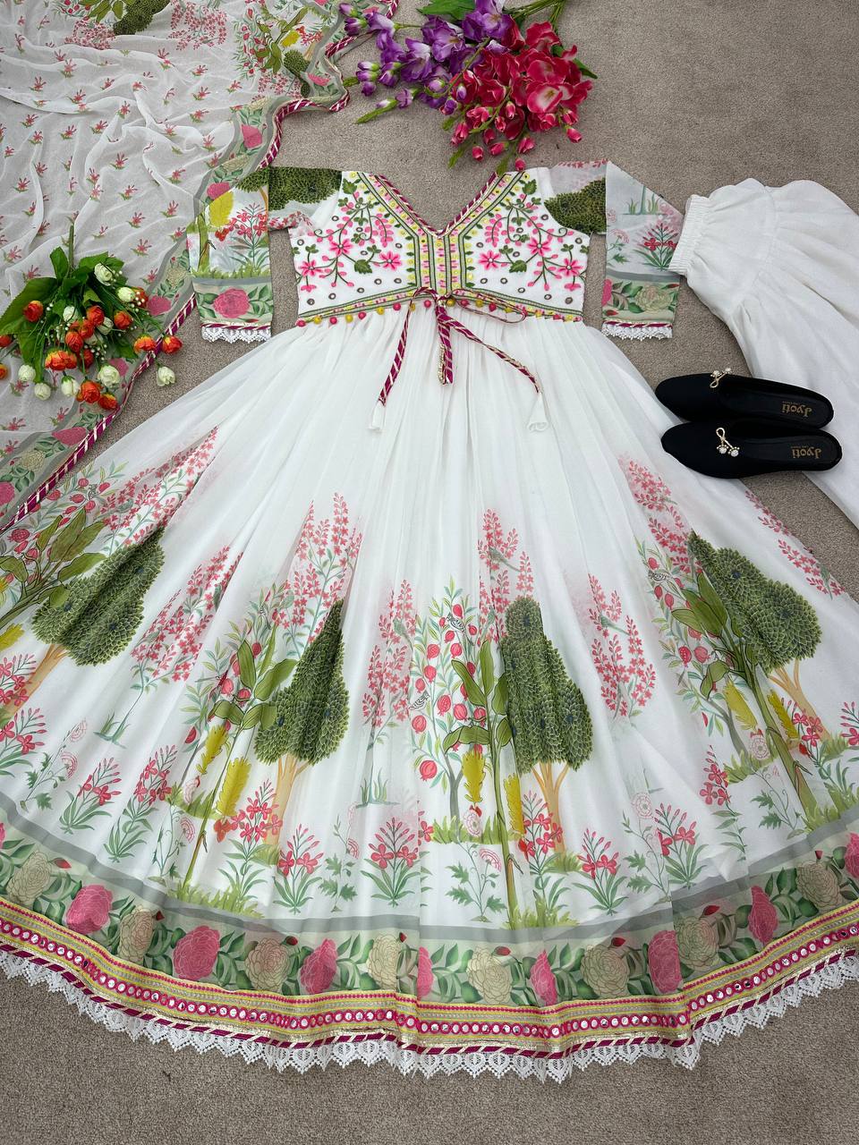 Multi Embroidery Work White Color Anarkali Gown