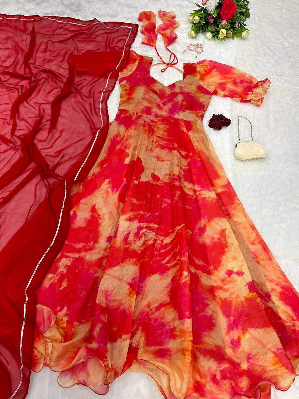Opulent Yellow And Red Color Digital Print Organza Gown