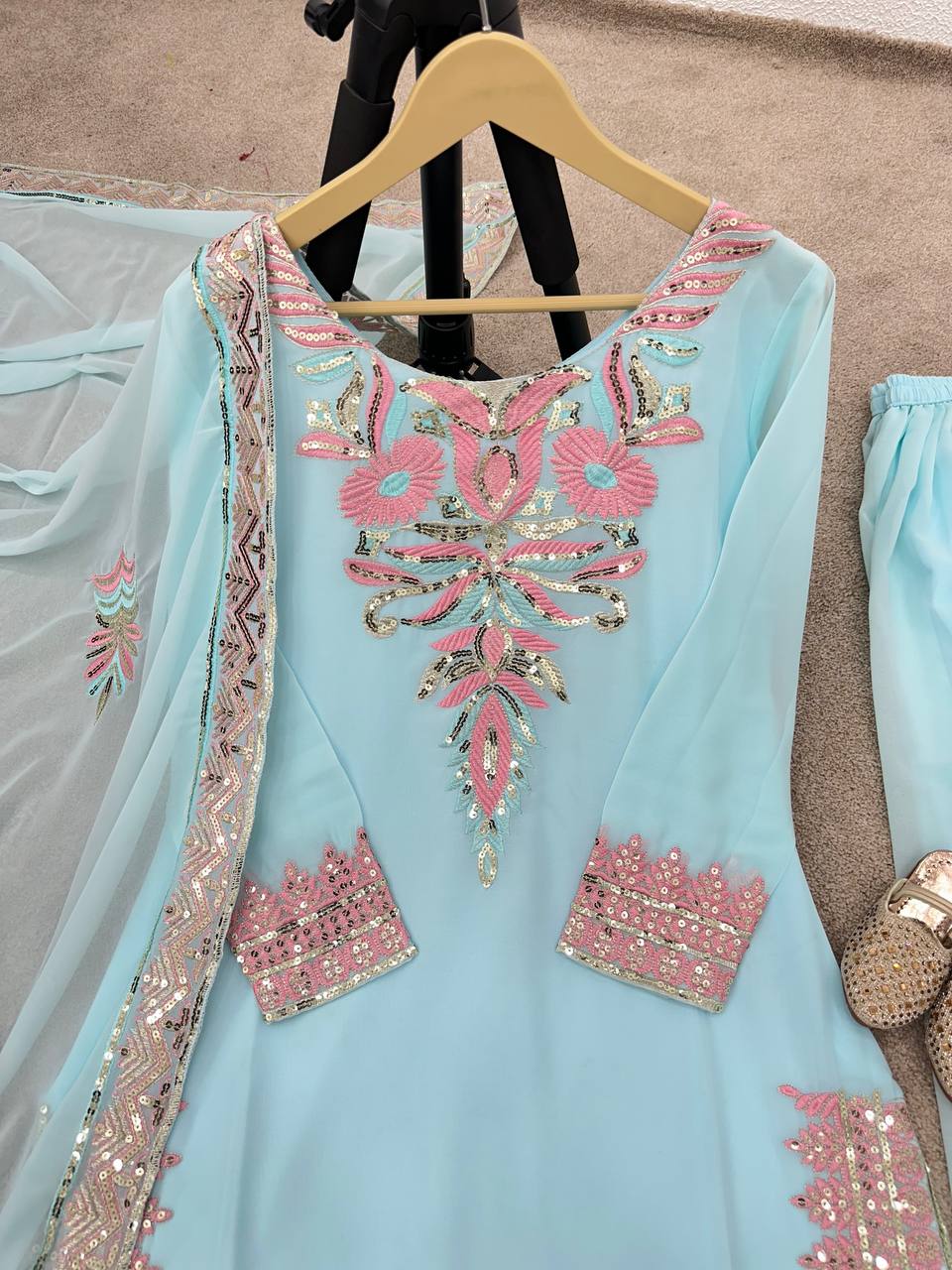 Attractive Sky Blue Color Sequence Work Sharara Suit
