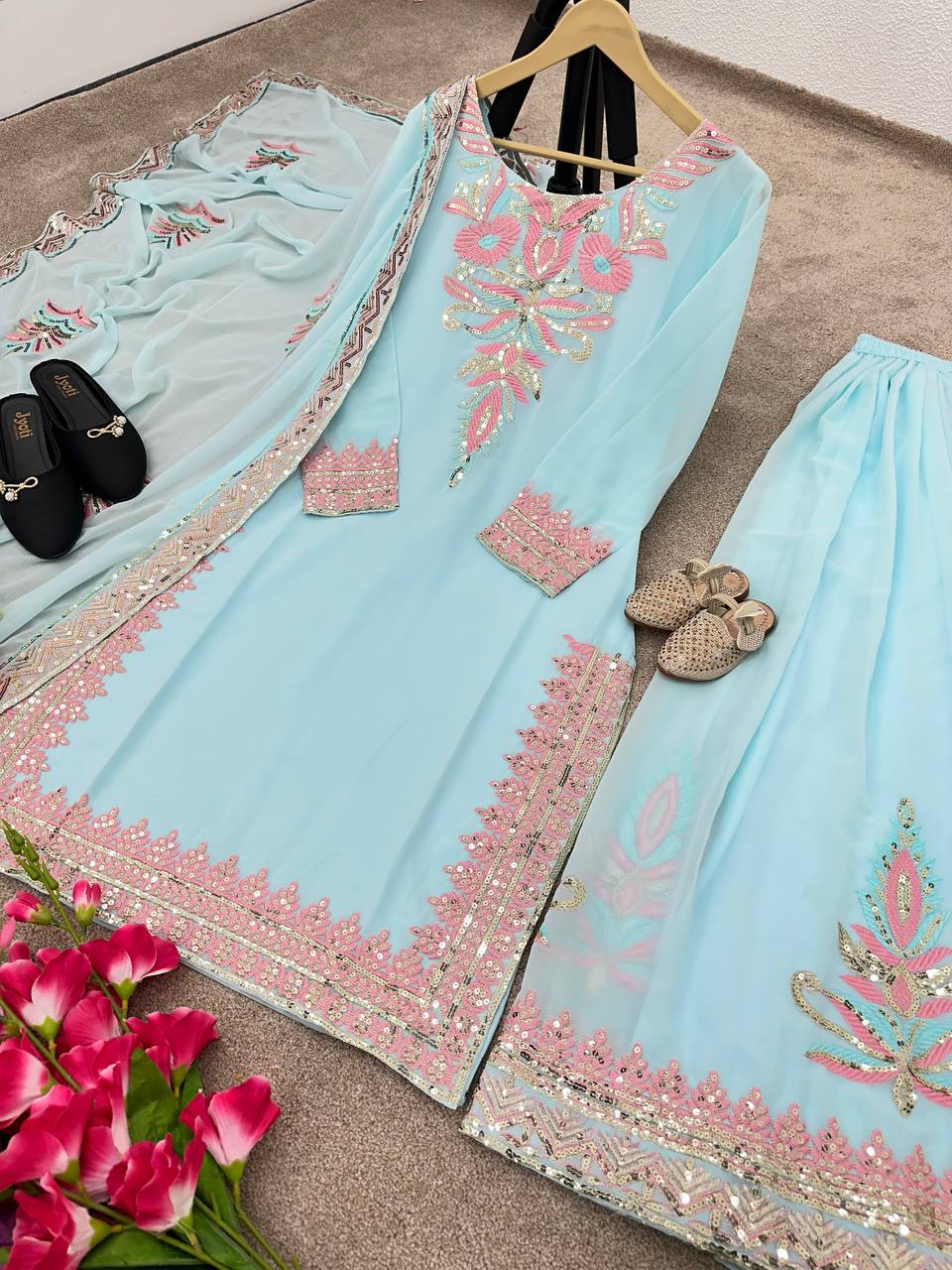 Attractive Sky Blue Color Sequence Work Sharara Suit