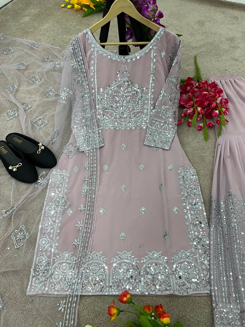Shining Work Dusty Pink Color Sharara Suit