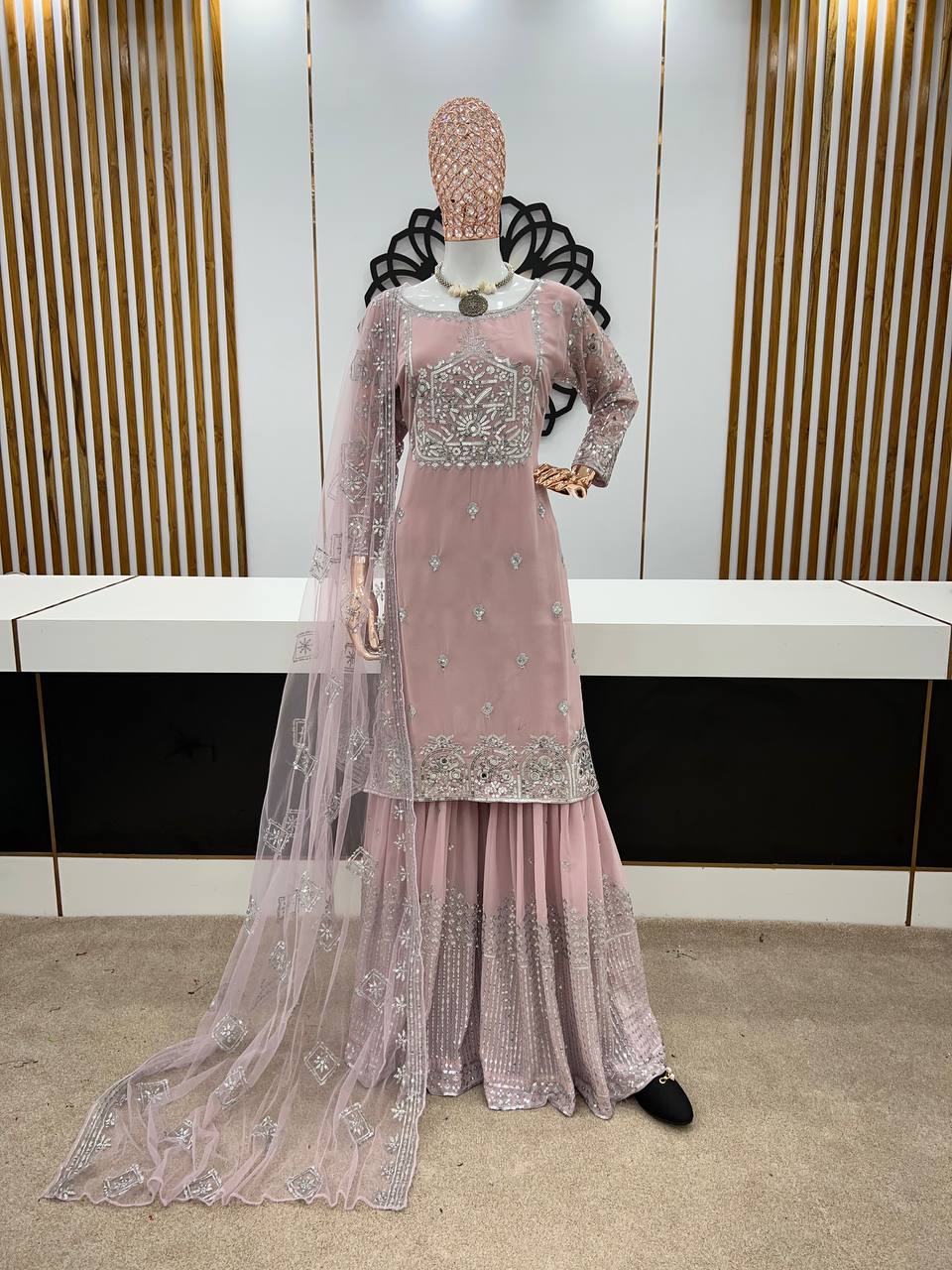 Shining Work Dusty Pink Color Sharara Suit