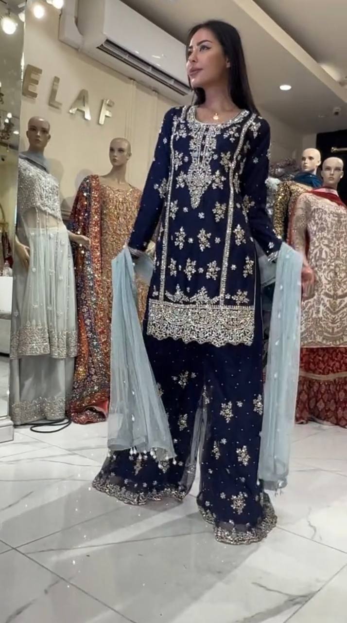 Festive Wear Sequence Work Navy Blue Color Sharara Suit