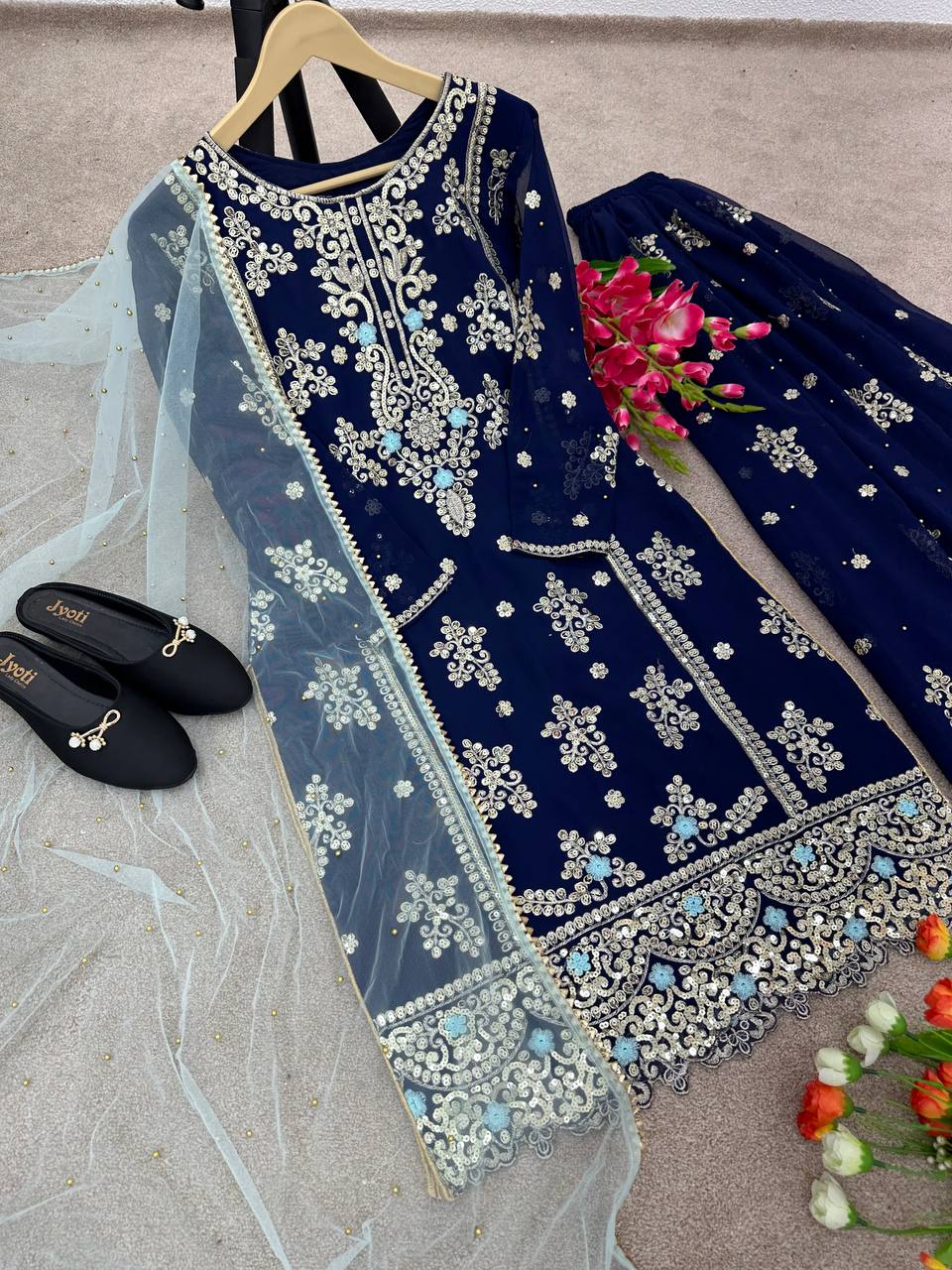 Festive Wear Sequence Work Navy Blue Color Sharara Suit
