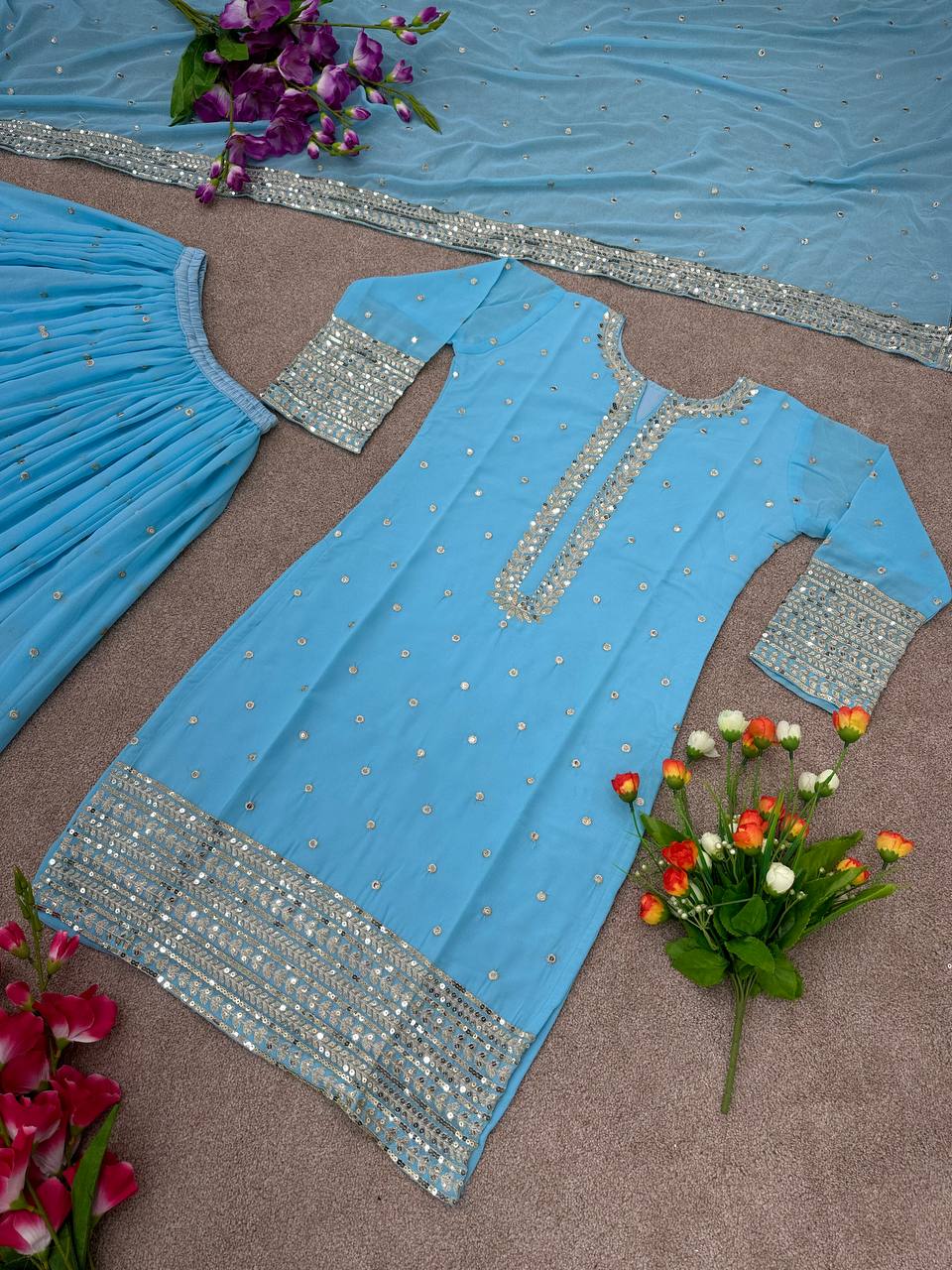 Sky Blue Color Sequence Work Stylish Sharara Suit