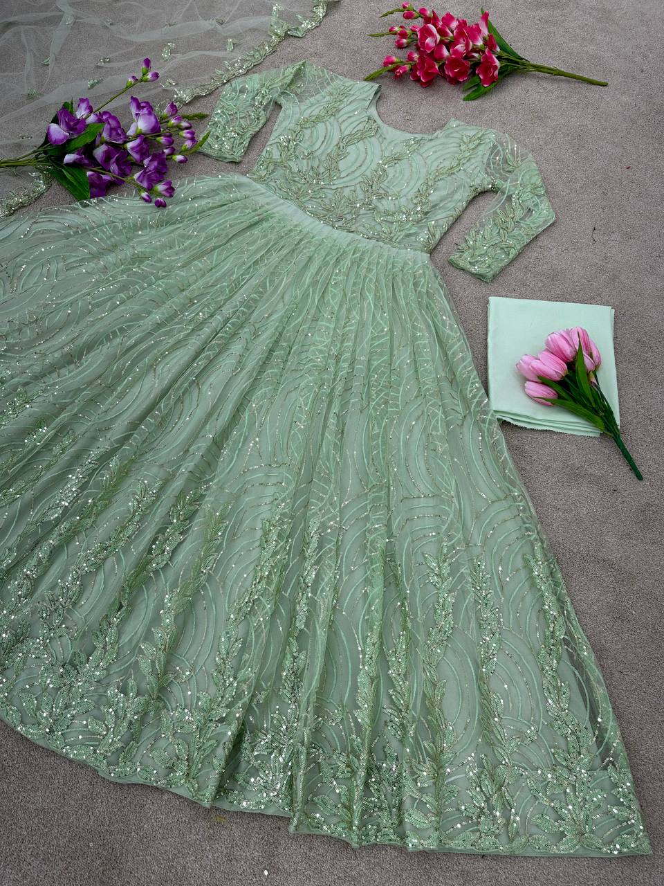 Gorgeous Shine Sequence Work Pista Color Gown
