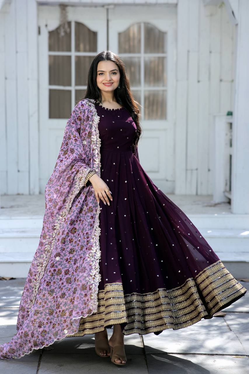 Function Wear Wine Color Gown With Printed Dupatta